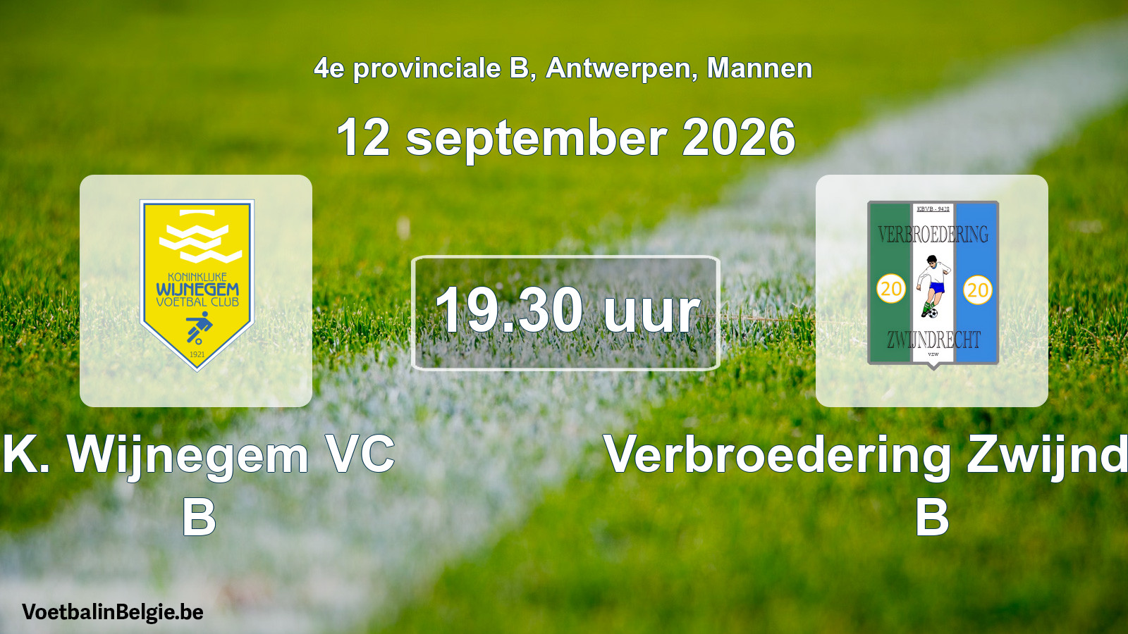 Geplande wedstrijd mannenvoetbal: K. Wijnegem VC B - Verbroedering Zwijndrecht B (12 september 2026)