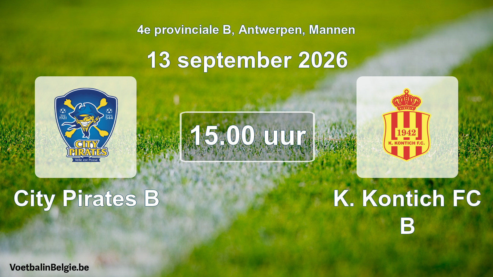 Geplande wedstrijd mannenvoetbal: City Pirates B - K. Kontich FC B (13 september 2026)