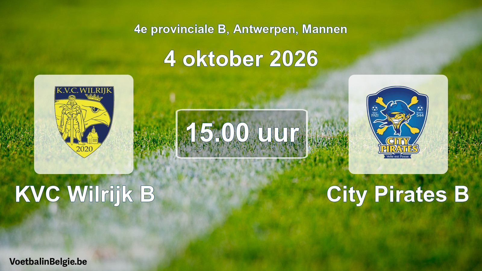 Geplande wedstrijd mannenvoetbal: KVC Wilrijk B - City Pirates B (4 oktober 2026)