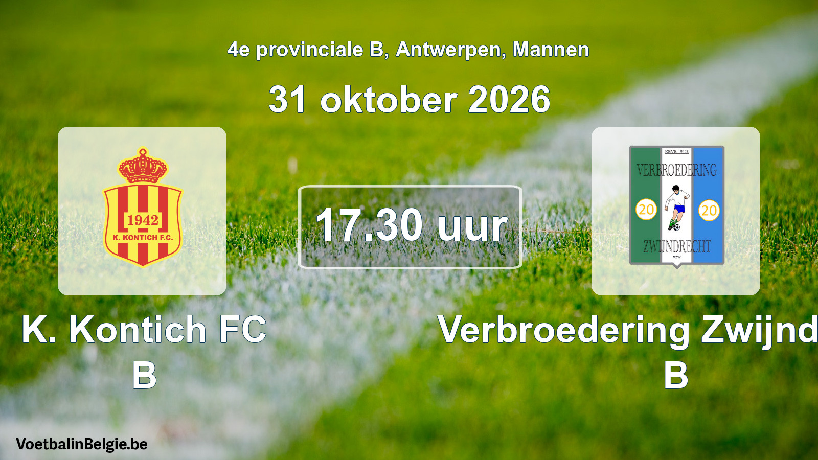 Geplande wedstrijd mannenvoetbal: K. Kontich FC B - Verbroedering Zwijndrecht B (31 oktober 2026)