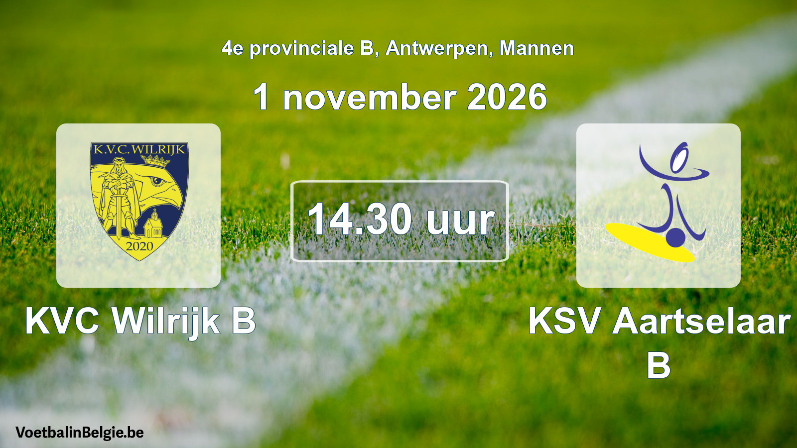 Geplande wedstrijd mannenvoetbal: KVC Wilrijk B - KSV Aartselaar B (1 november 2026)