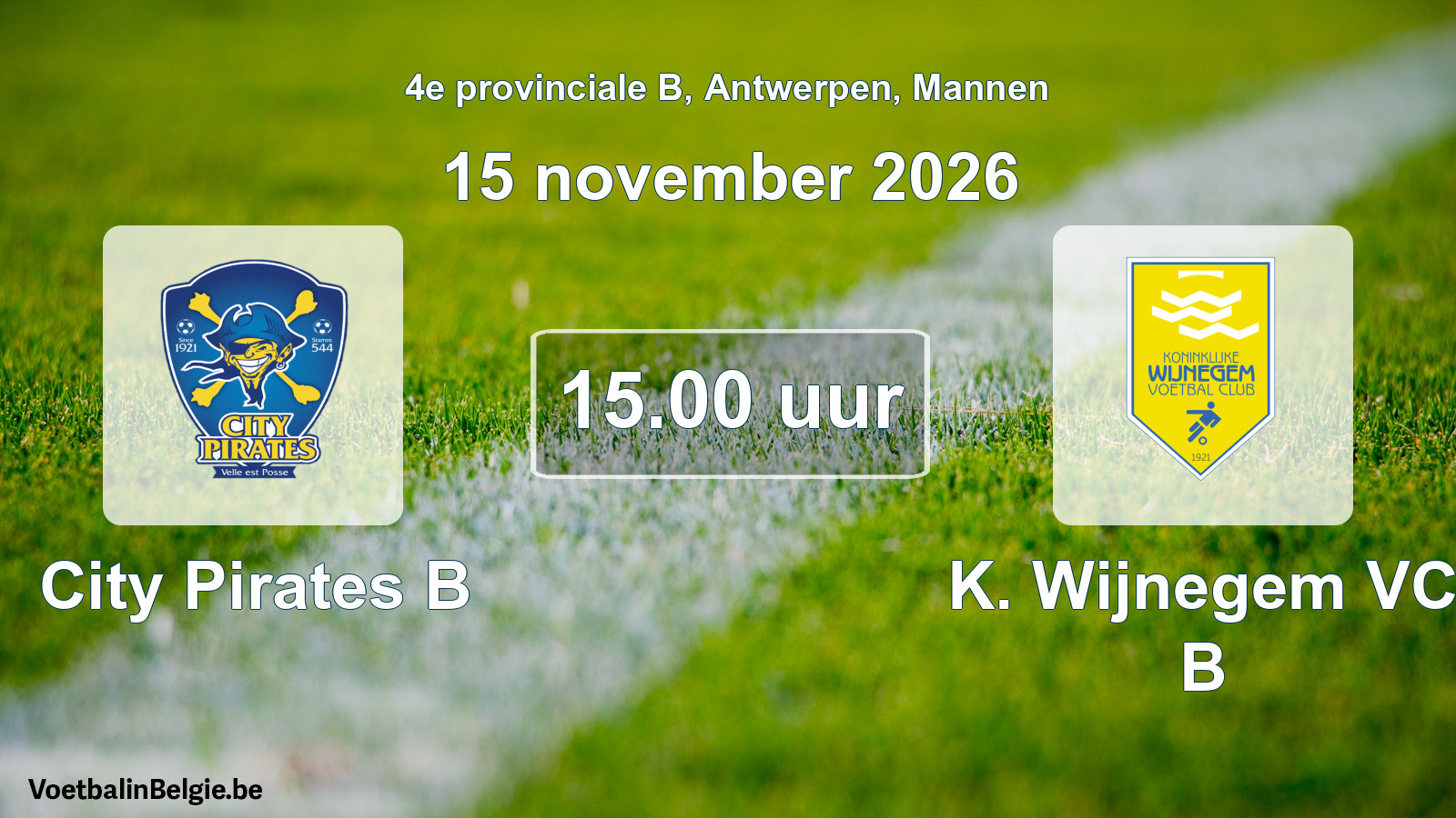Geplande wedstrijd mannenvoetbal: City Pirates B - K. Wijnegem VC B (15 november 2026)