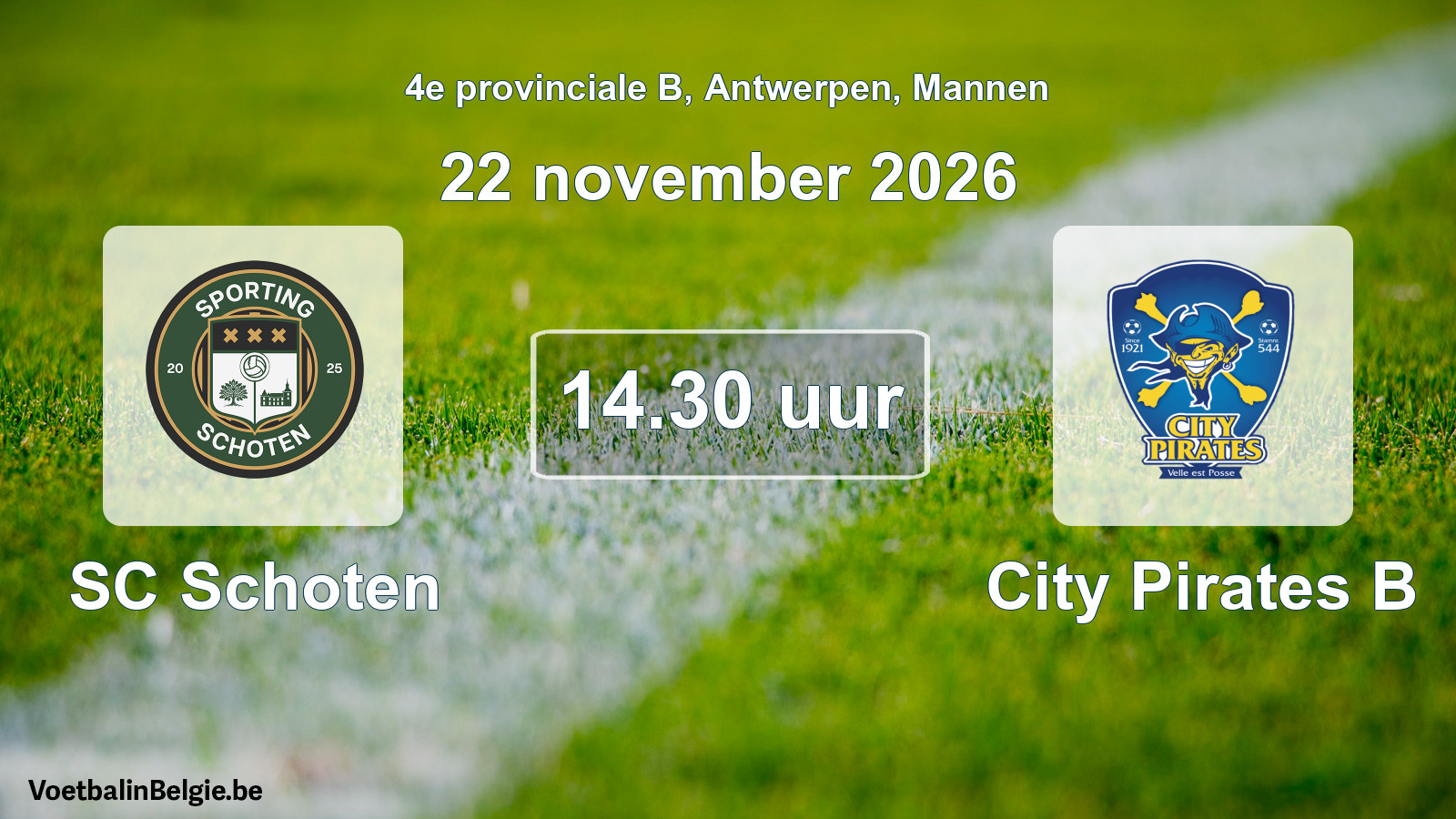 Geplande wedstrijd mannenvoetbal: SC Schoten - City Pirates B (22 november 2026)