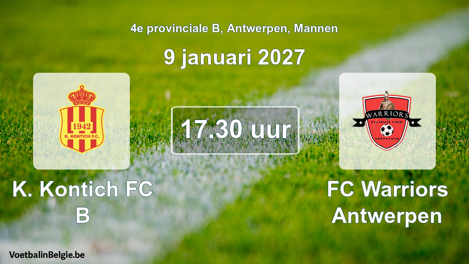 Geplande wedstrijd mannenvoetbal: K. Kontich FC B - FC Warriors Antwerpen (9 januari 2027)