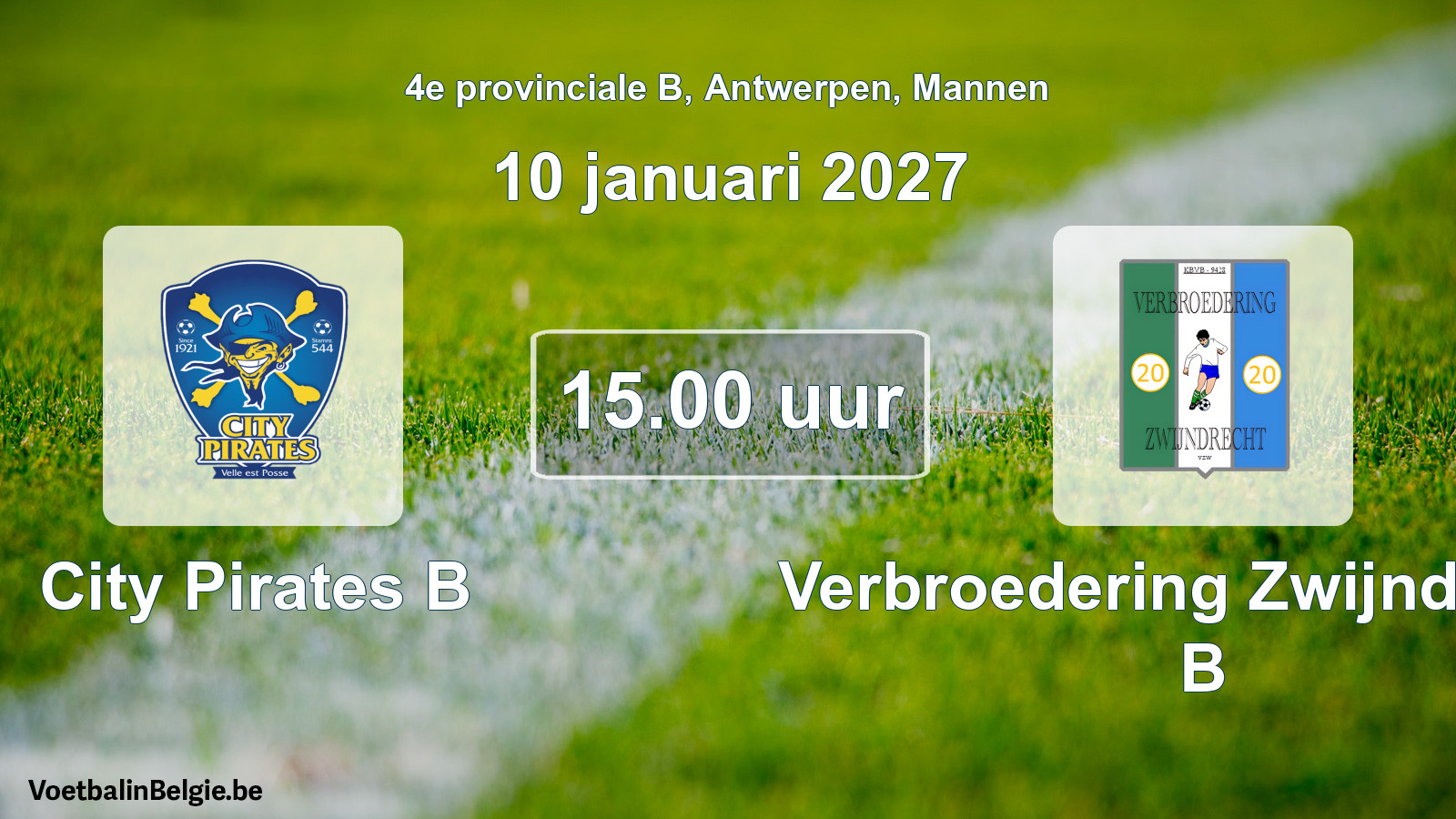 Geplande wedstrijd mannenvoetbal: City Pirates B - Verbroedering Zwijndrecht B (10 januari 2027)
