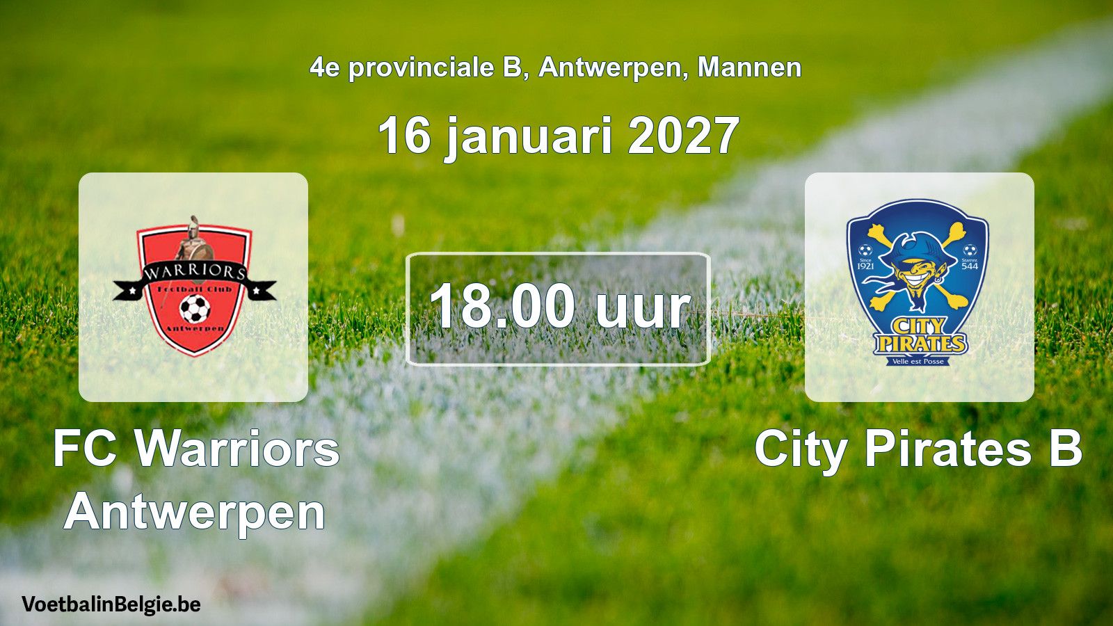 Geplande wedstrijd mannenvoetbal: FC Warriors Antwerpen - City Pirates B (16 januari 2027)
