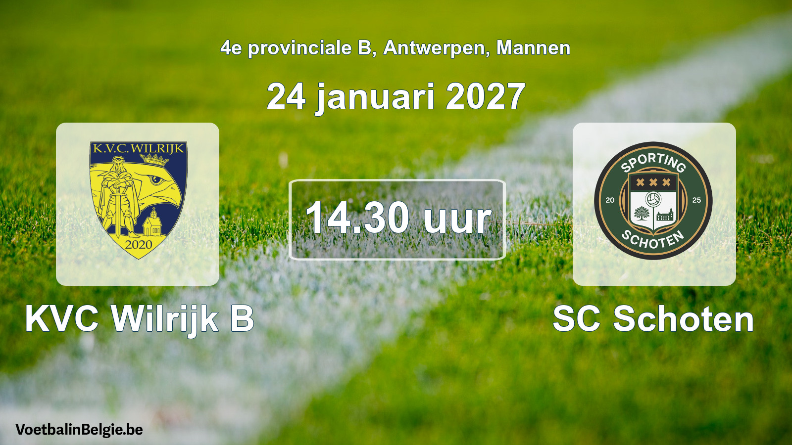 Geplande wedstrijd mannenvoetbal: KVC Wilrijk B - SC Schoten (24 januari 2027)