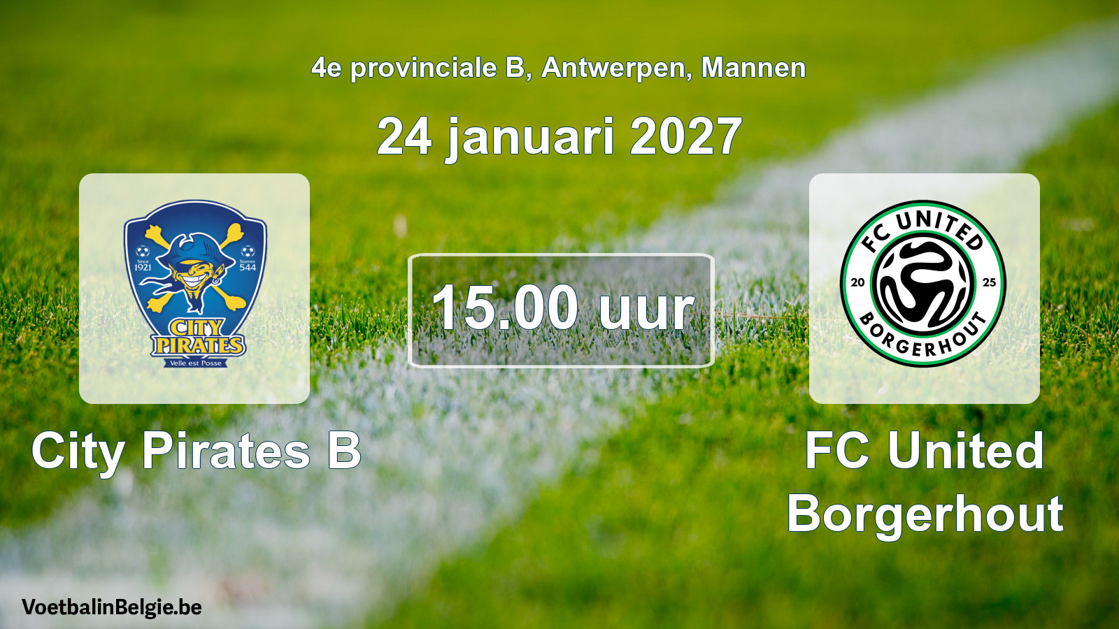 Geplande wedstrijd mannenvoetbal: City Pirates B - FC United Borgerhout (24 januari 2027)
