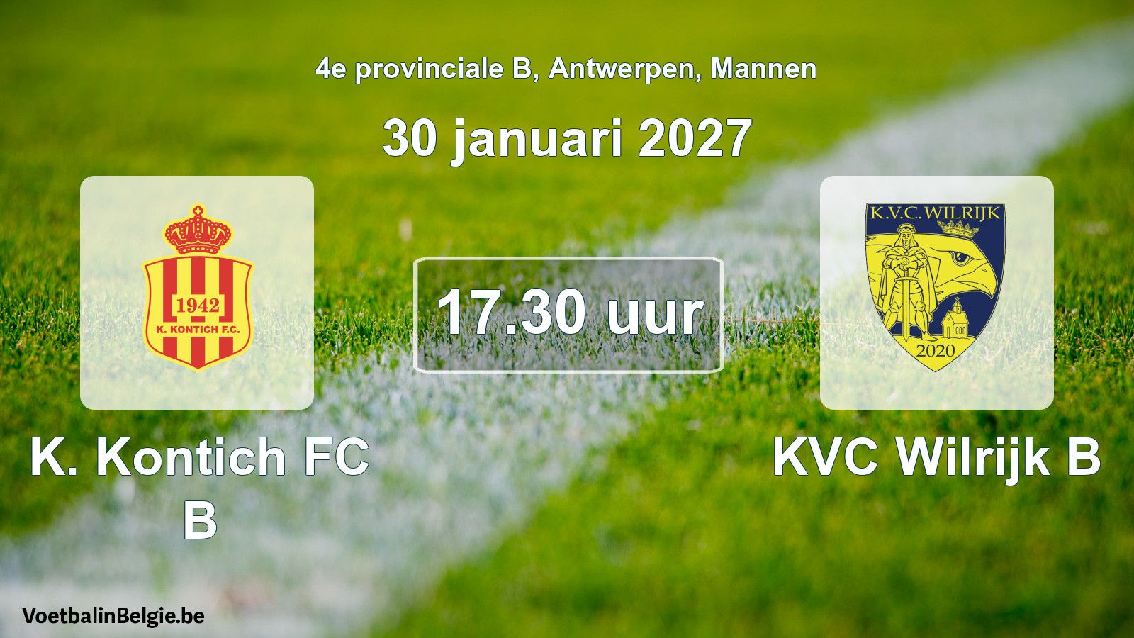 Geplande wedstrijd mannenvoetbal: K. Kontich FC B - KVC Wilrijk B (30 januari 2027)
