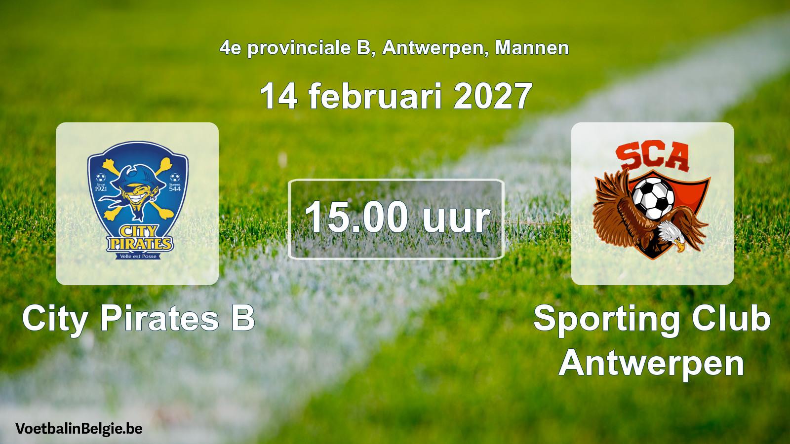 Geplande wedstrijd mannenvoetbal: City Pirates B - Sporting Club Antwerpen (14 februari 2027)