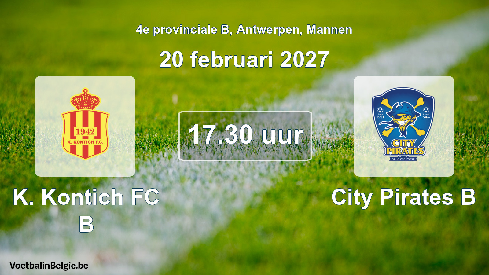 Geplande wedstrijd mannenvoetbal: K. Kontich FC B - City Pirates B (20 februari 2027)