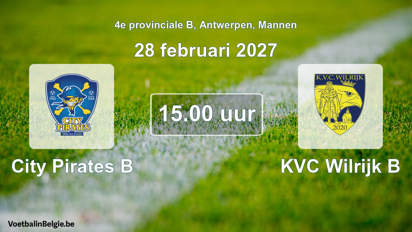 Geplande wedstrijd mannenvoetbal: City Pirates B - KVC Wilrijk B (28 februari 2027)