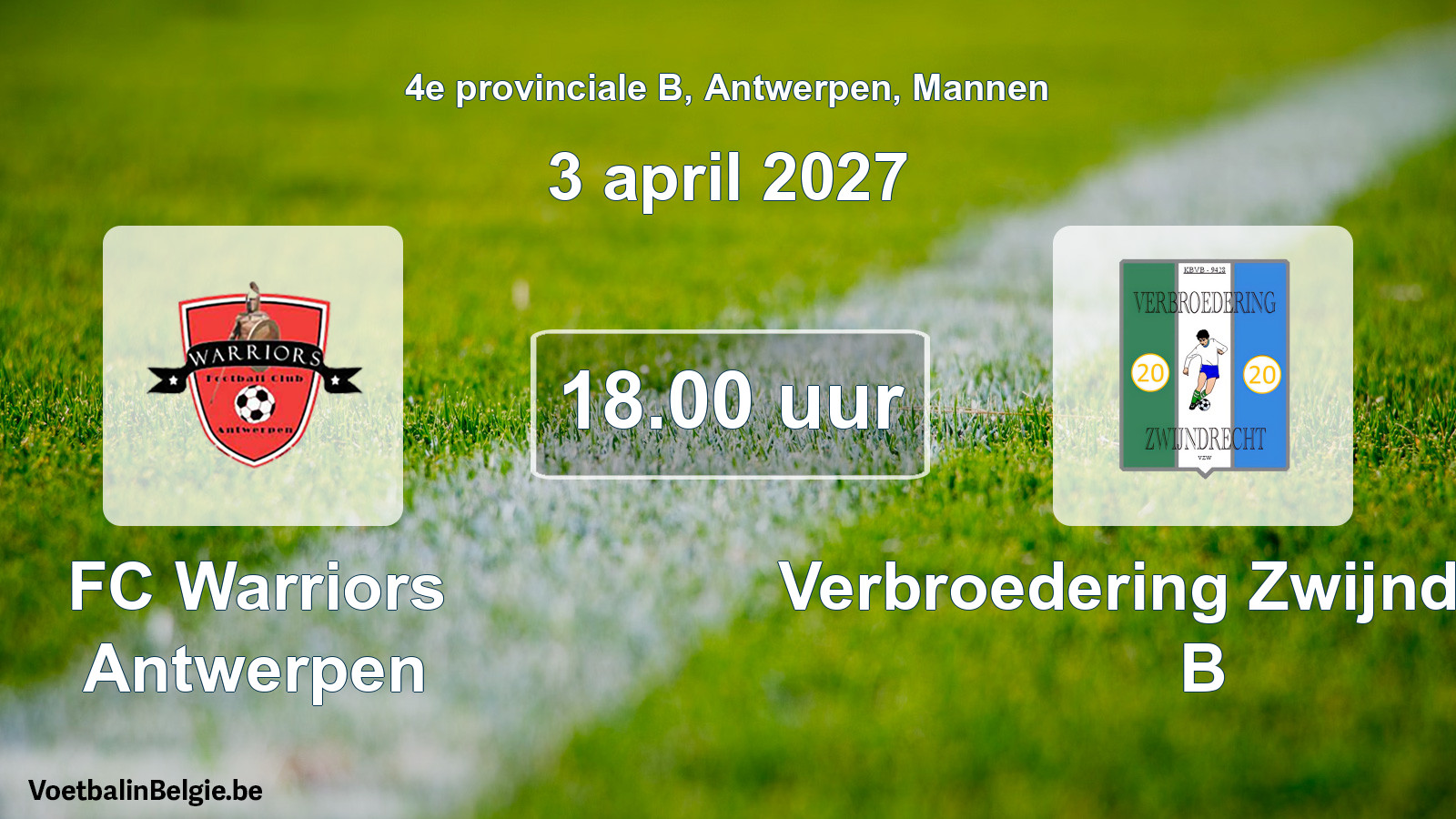 Geplande wedstrijd mannenvoetbal: FC Warriors Antwerpen - Verbroedering Zwijndrecht B (3 april 2027)