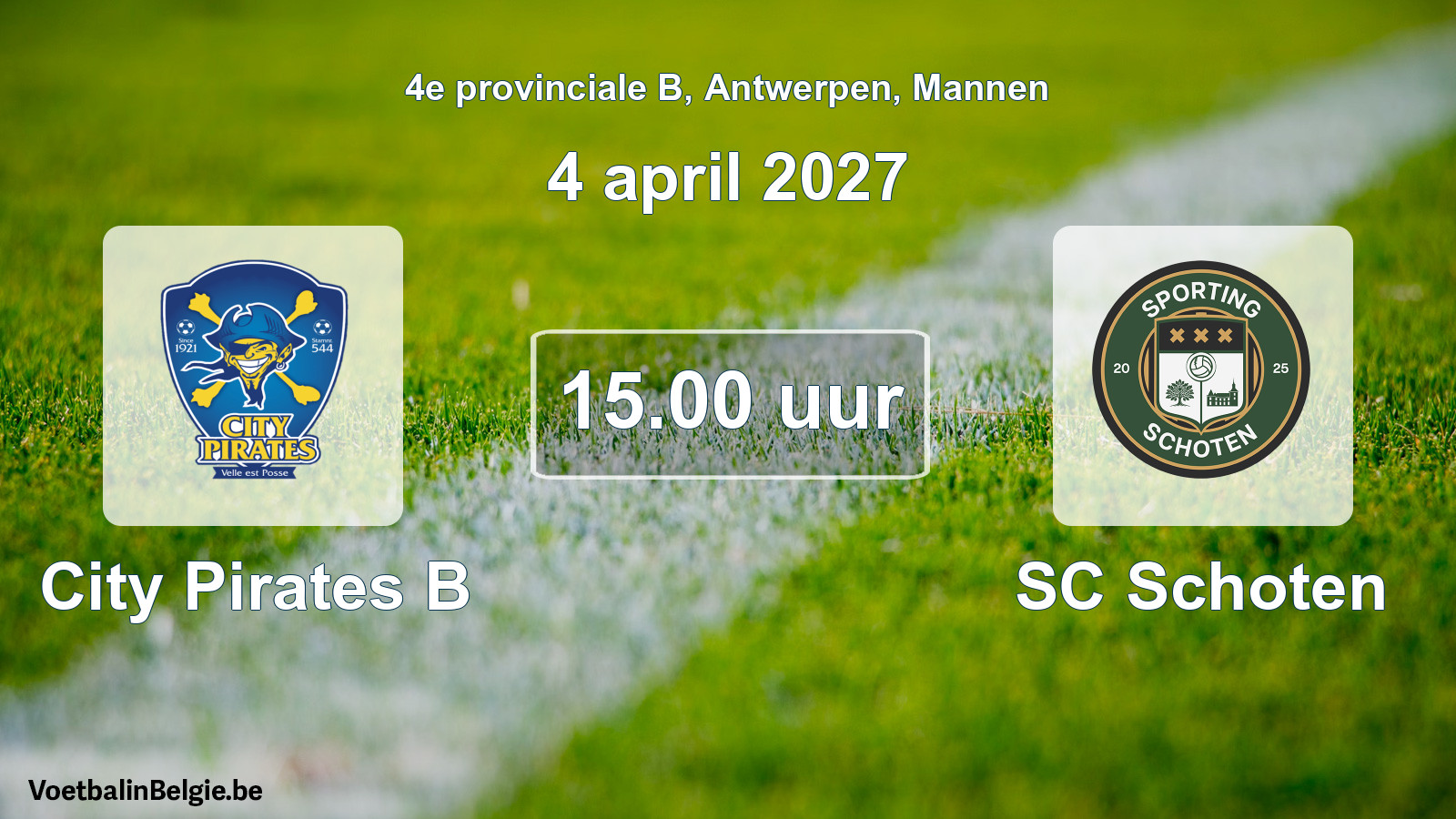 Geplande wedstrijd mannenvoetbal: City Pirates B - SC Schoten (4 april 2027)