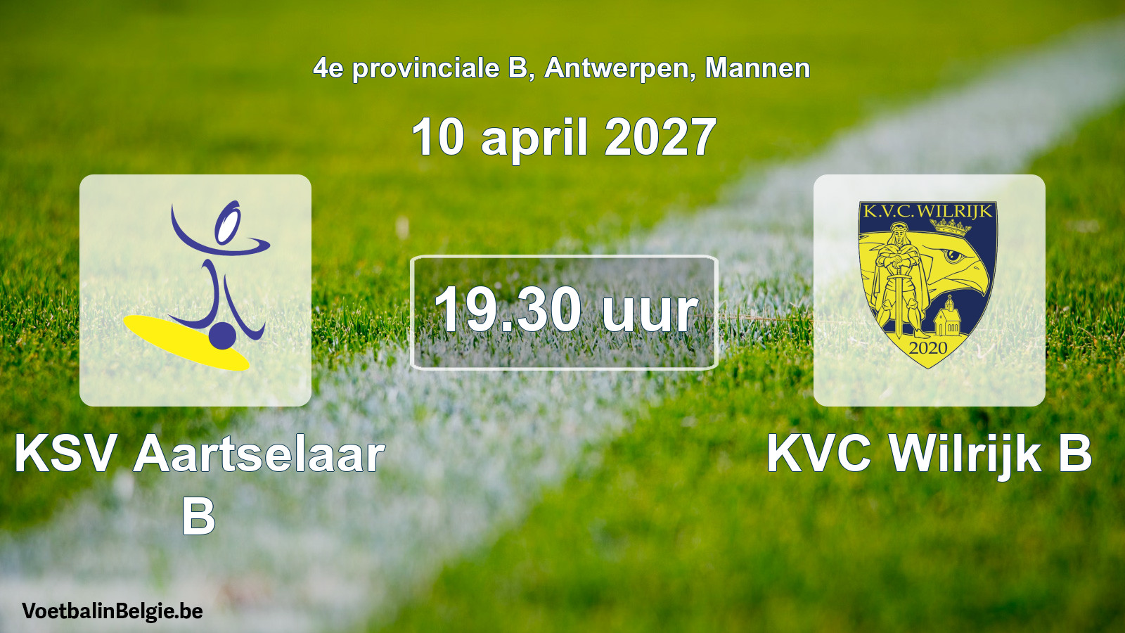 Geplande wedstrijd mannenvoetbal: KSV Aartselaar B - KVC Wilrijk B (10 april 2027)
