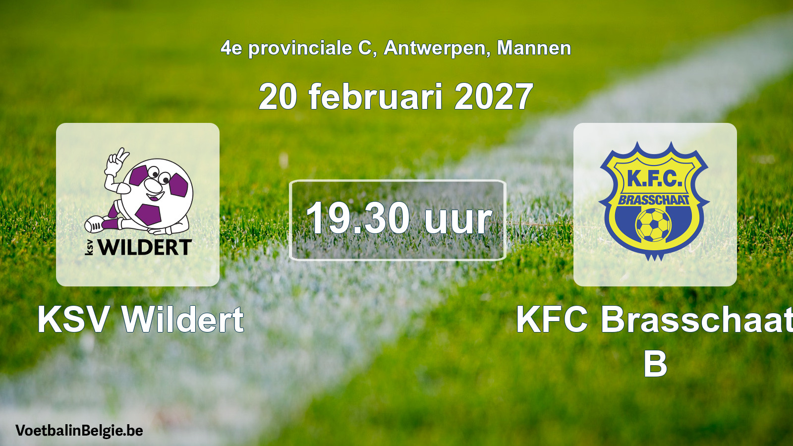 Geplande wedstrijd mannenvoetbal: KSV Wildert - KFC Brasschaat B (20 februari 2027)