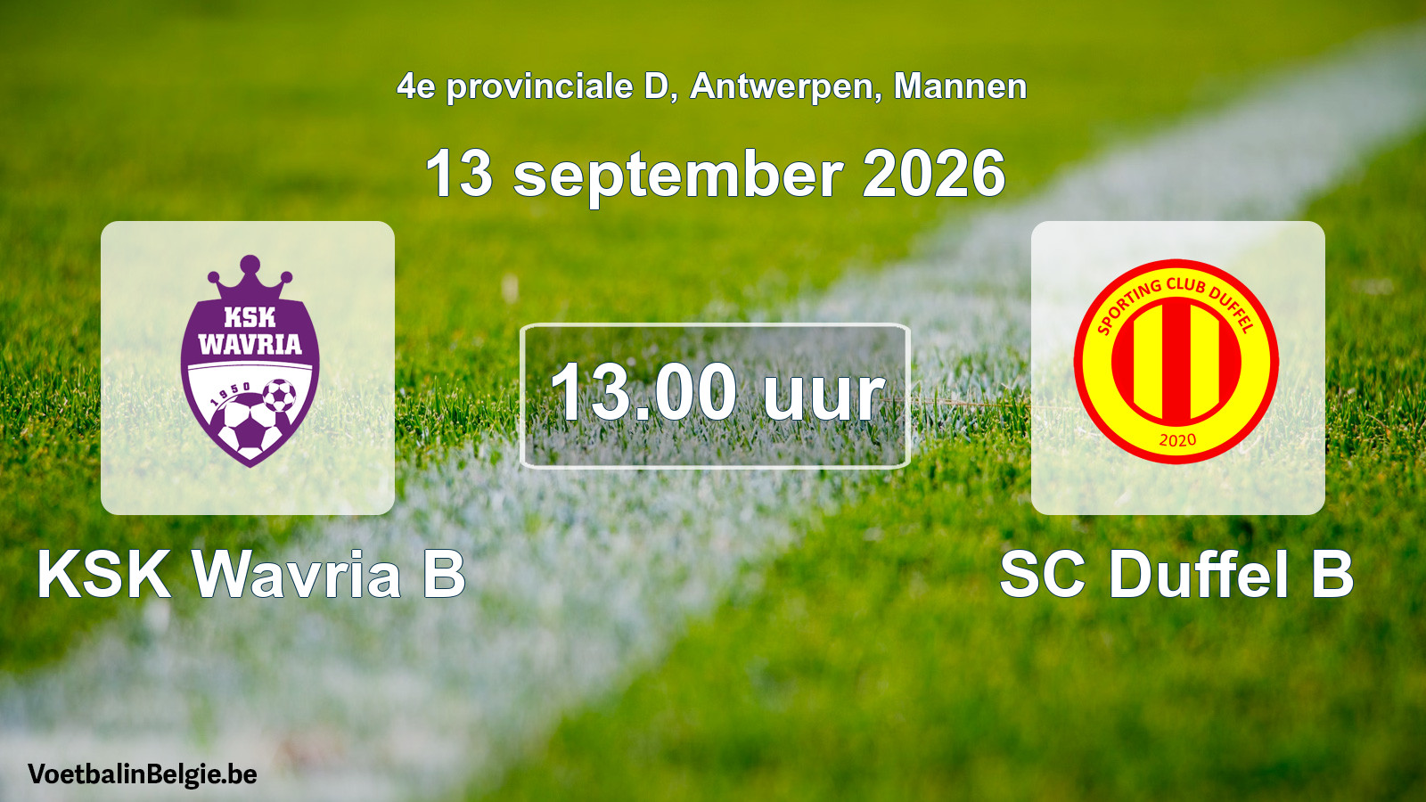 Match prévu football hommes: KSK Wavria B - SC Duffel B (13 septembre 2026)