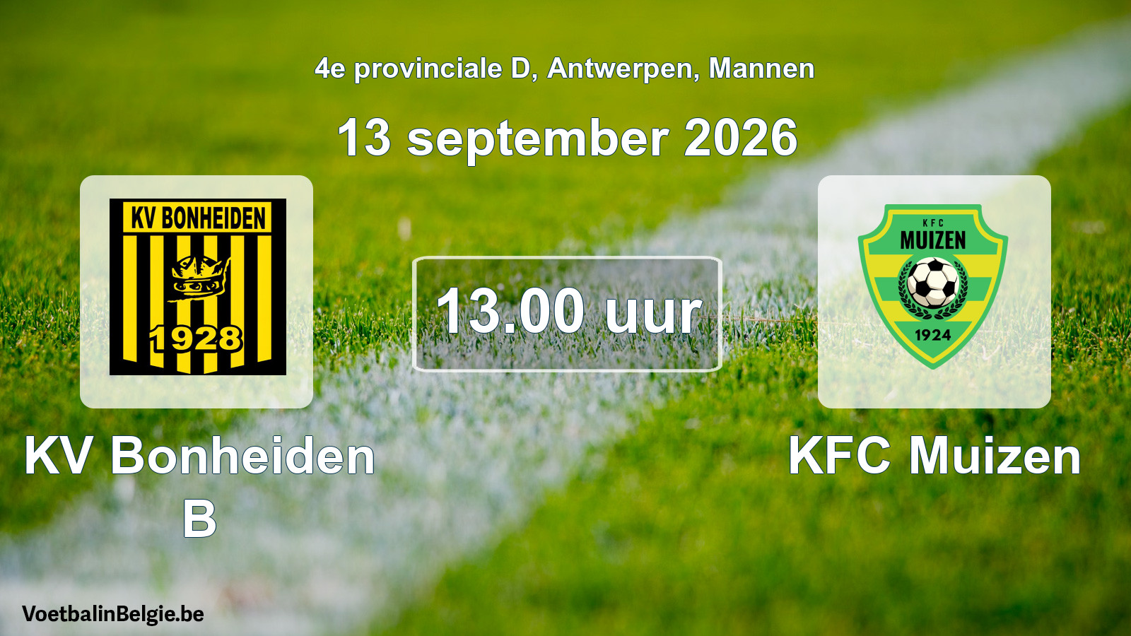 Geplande wedstrijd mannenvoetbal: KV Bonheiden B - KFC Muizen (13 september 2026)