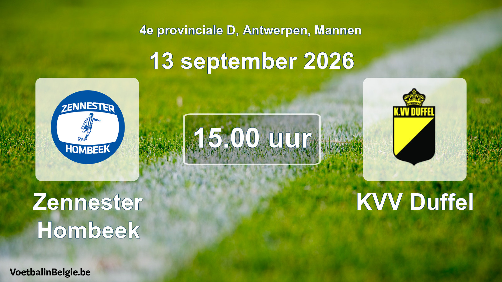 Geplande wedstrijd mannenvoetbal: Zennester Hombeek - KVV Duffel (13 september 2026)