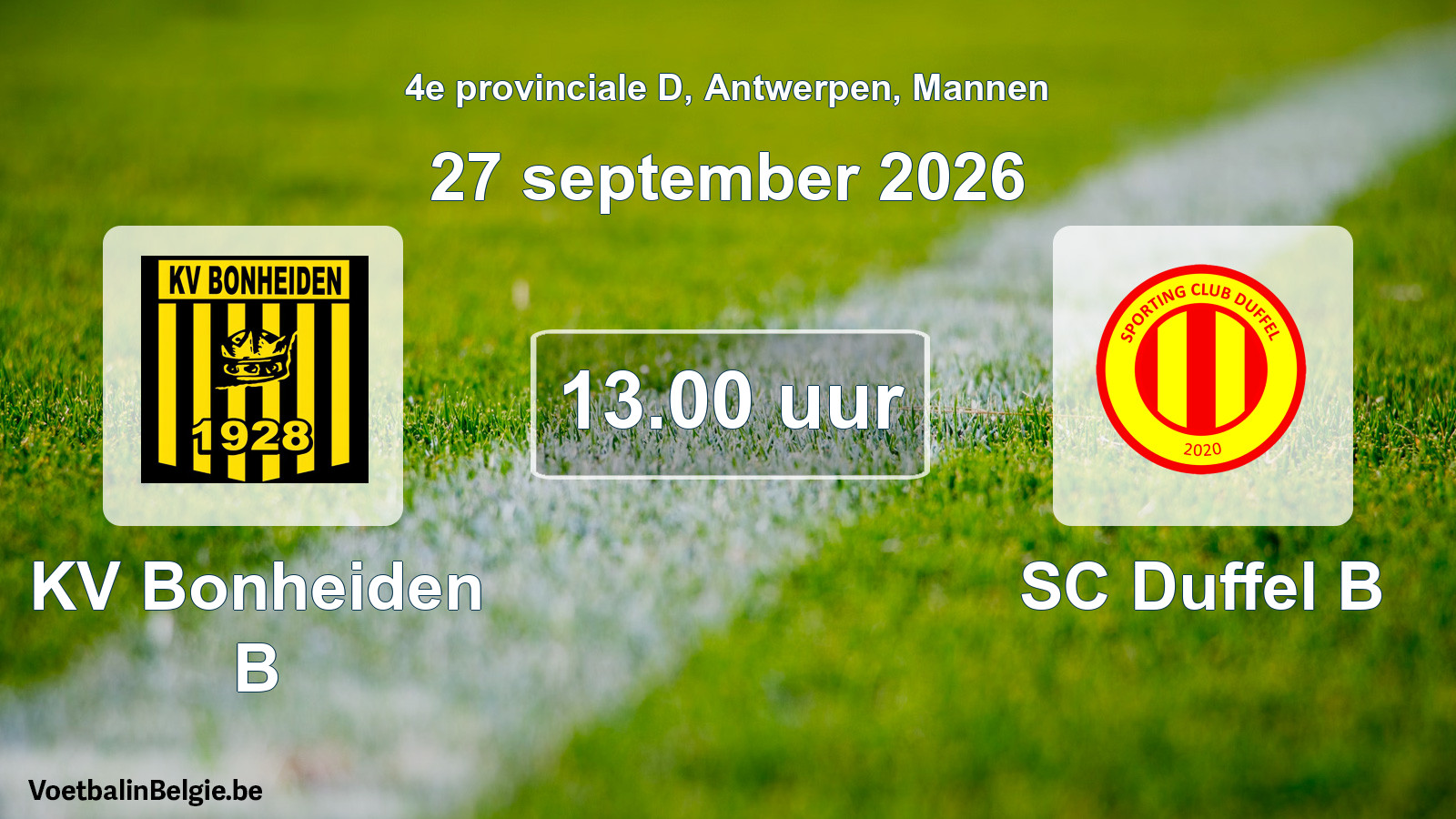 Geplantes Spiel männer-Fußball: KV Bonheiden B - SC Duffel B (27 September 2026)