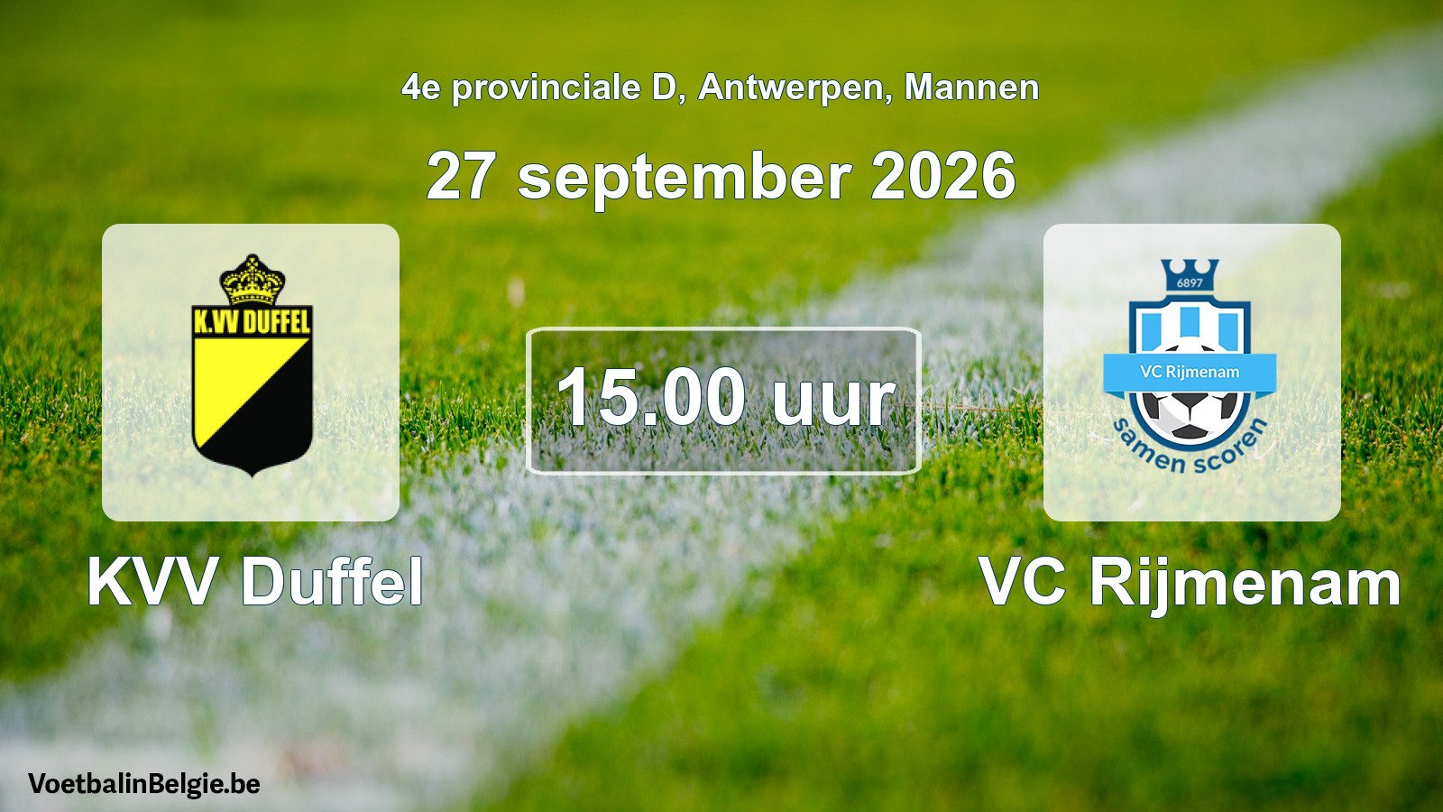 Geplande wedstrijd mannenvoetbal: KVV Duffel - VC Rijmenam (27 september 2026)