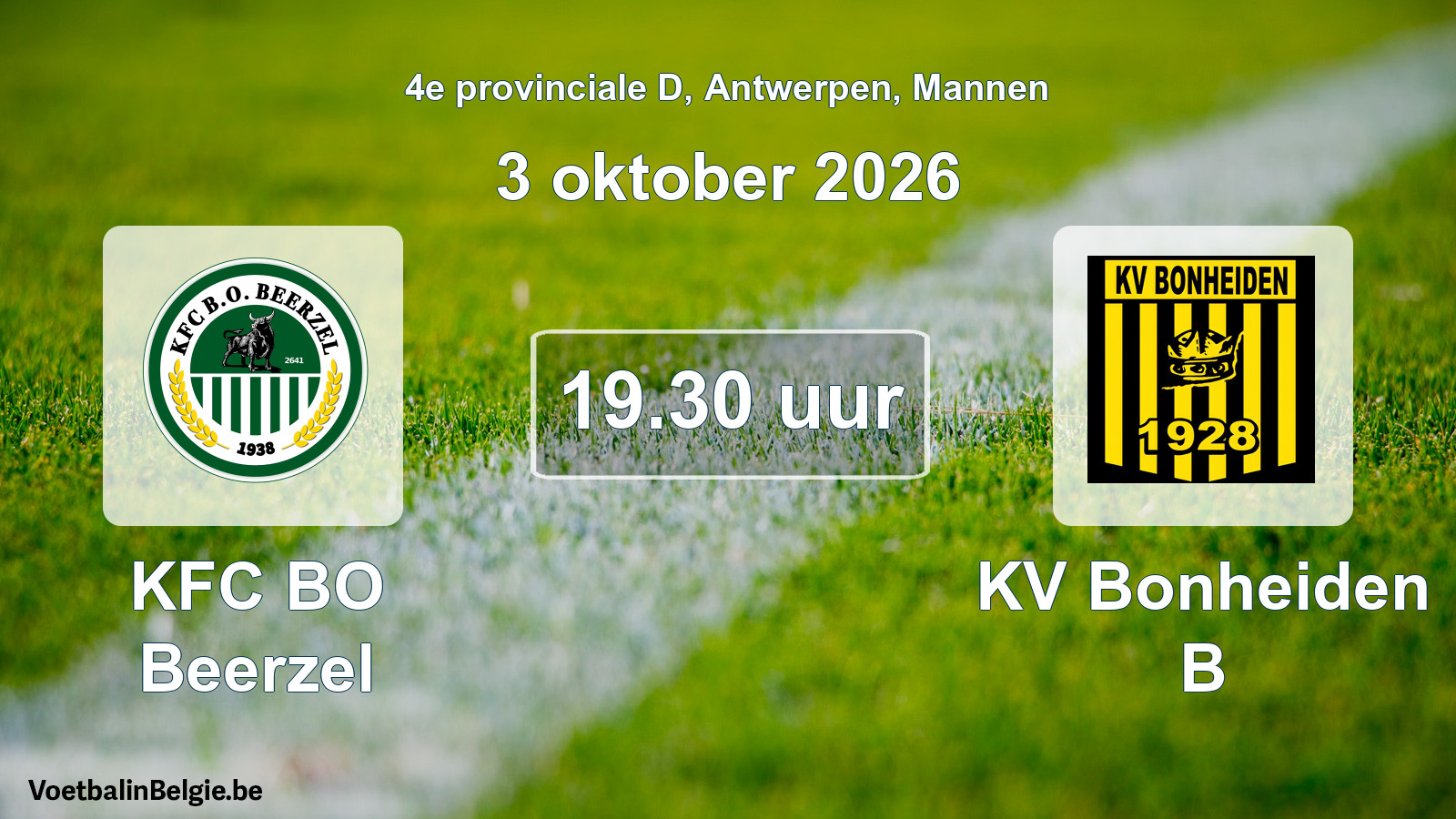 Geplande wedstrijd mannenvoetbal: KFC BO Beerzel - KV Bonheiden B (3 oktober 2026)