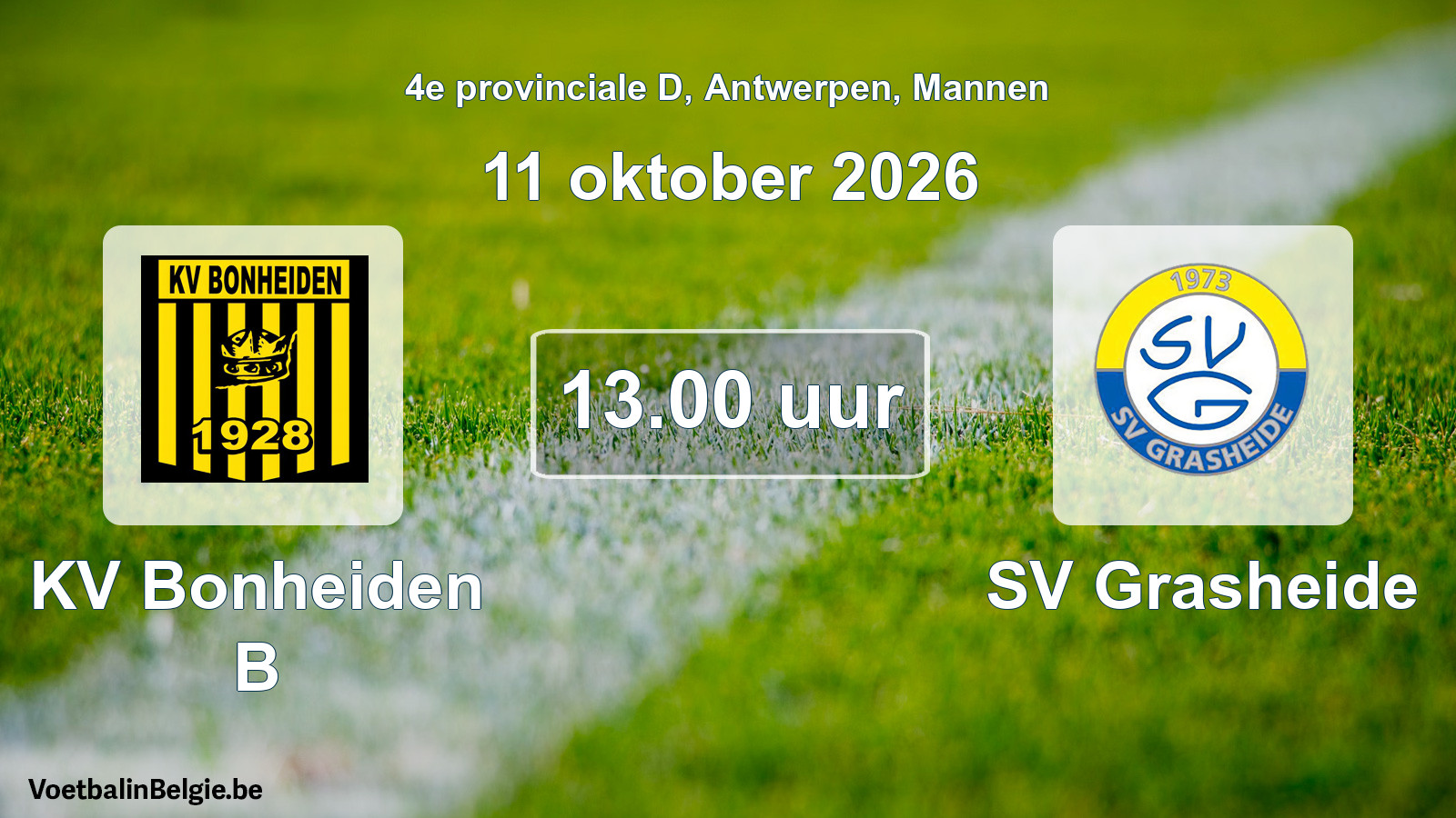 Geplande wedstrijd mannenvoetbal: KV Bonheiden B - SV Grasheide (11 oktober 2026)