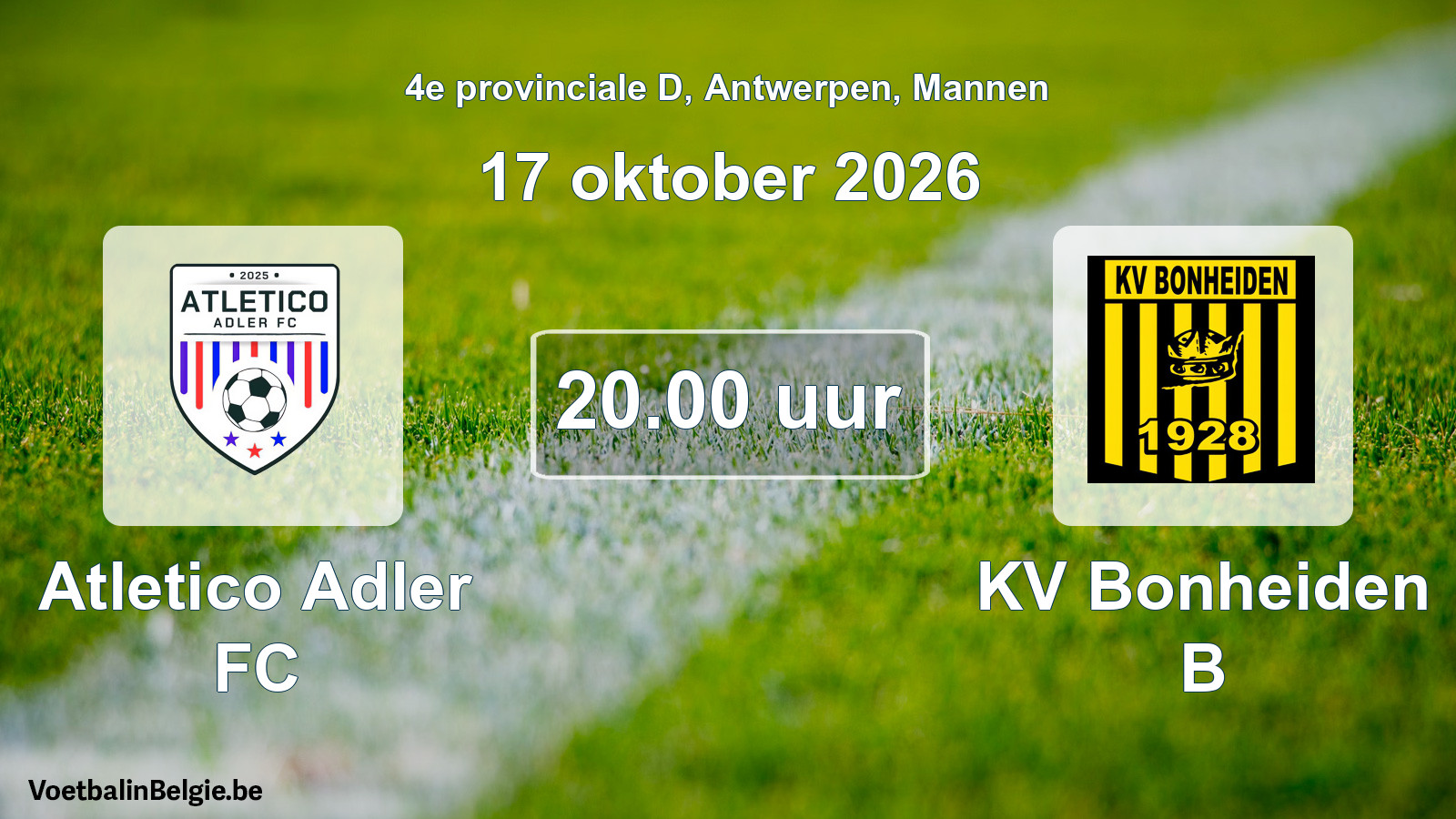 Geplande wedstrijd mannenvoetbal: Atletico Adler FC - KV Bonheiden B (17 oktober 2026)