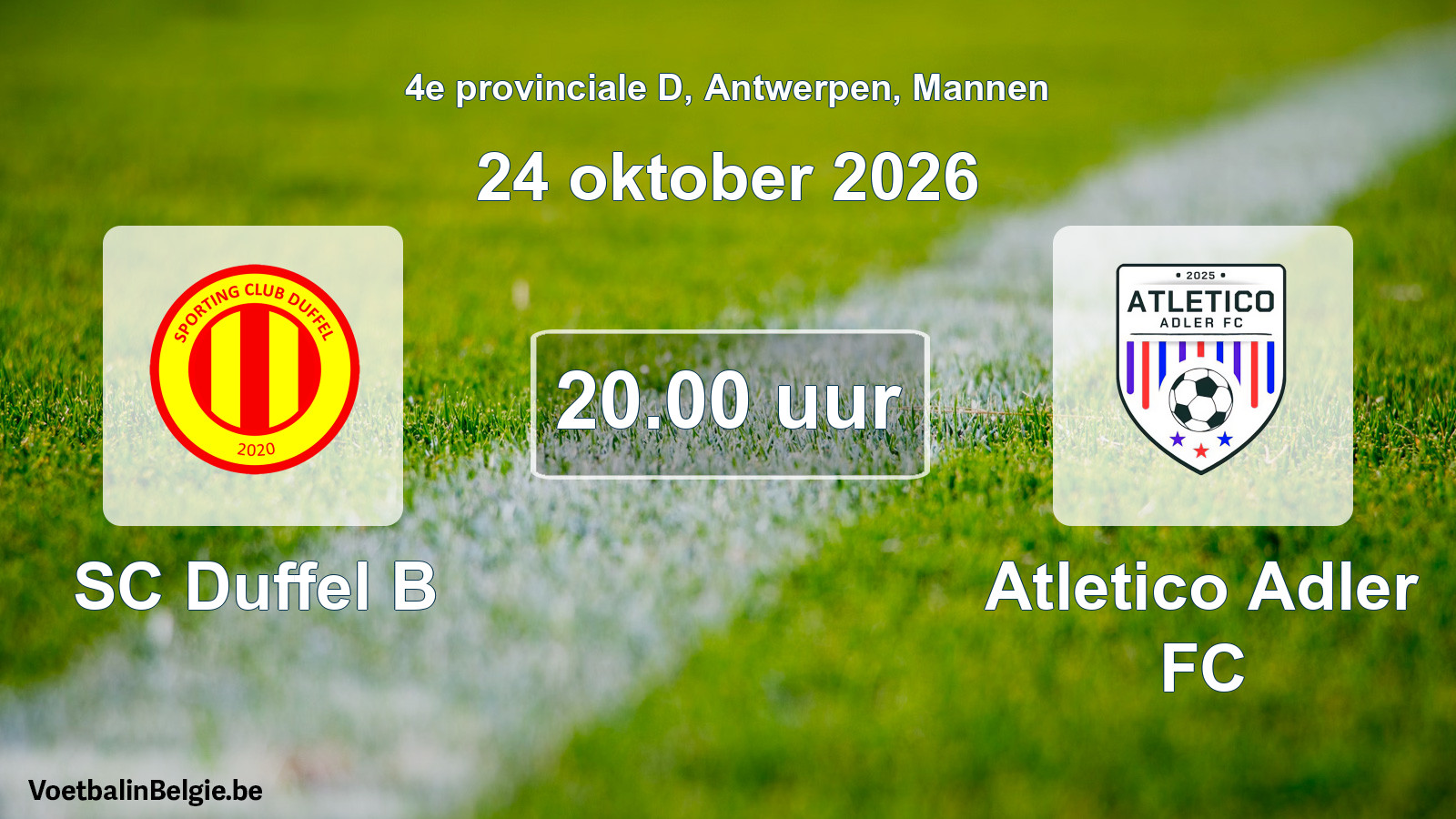 Geplande wedstrijd mannenvoetbal: SC Duffel B - Atletico Adler FC (24 oktober 2026)