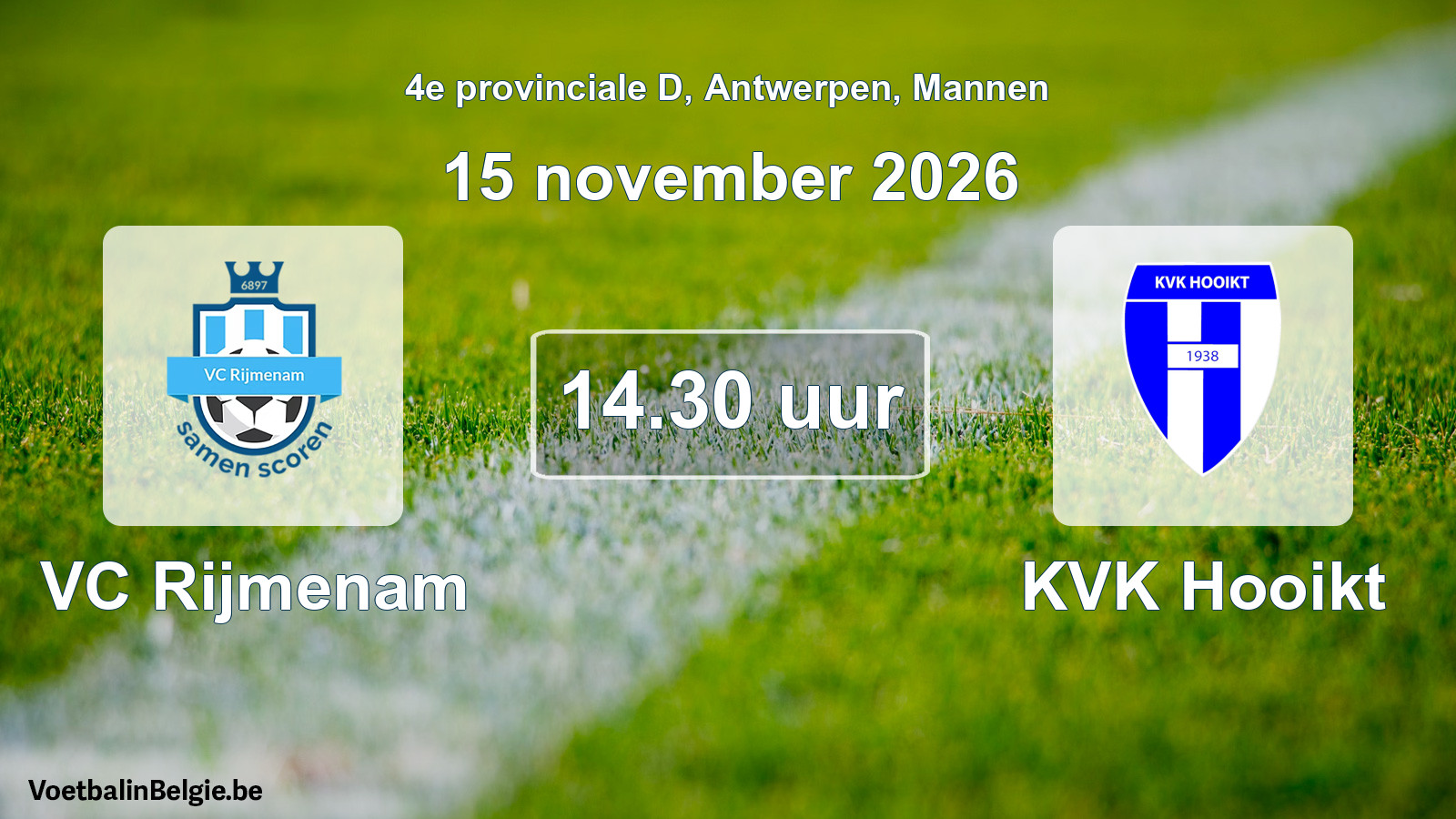 Geplande wedstrijd mannenvoetbal: VC Rijmenam - KVK Hooikt (15 november 2026)