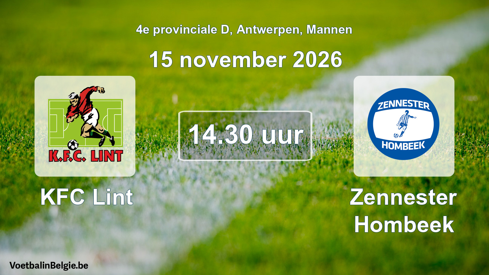 Geplande wedstrijd mannenvoetbal: KFC Lint - Zennester Hombeek (15 november 2026)