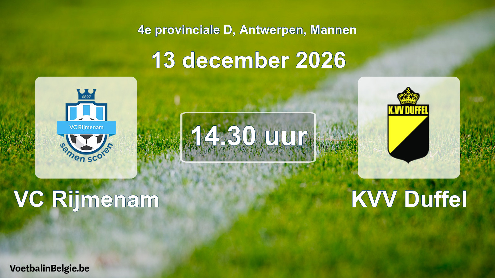 Geplande wedstrijd mannenvoetbal: VC Rijmenam - KVV Duffel (13 december 2026)