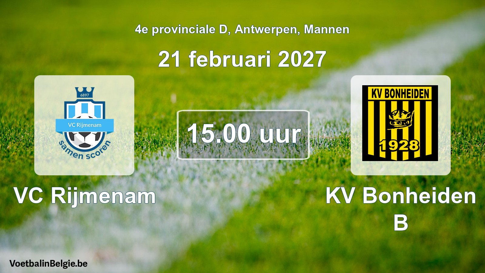 Geplande wedstrijd mannenvoetbal: VC Rijmenam - KV Bonheiden B (21 februari 2027)