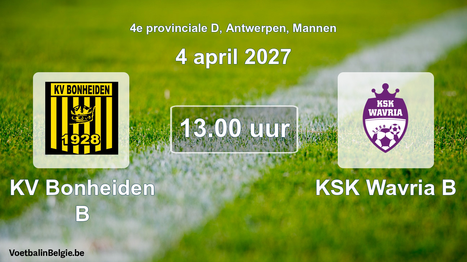 Geplande wedstrijd mannenvoetbal: KV Bonheiden B - KSK Wavria B (4 april 2027)