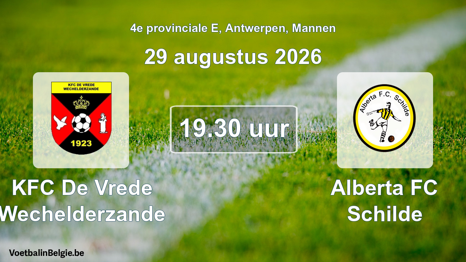 Geplande wedstrijd mannenvoetbal: KFC De Vrede Wechelderzande - Alberta FC Schilde (29 augustus 2026)