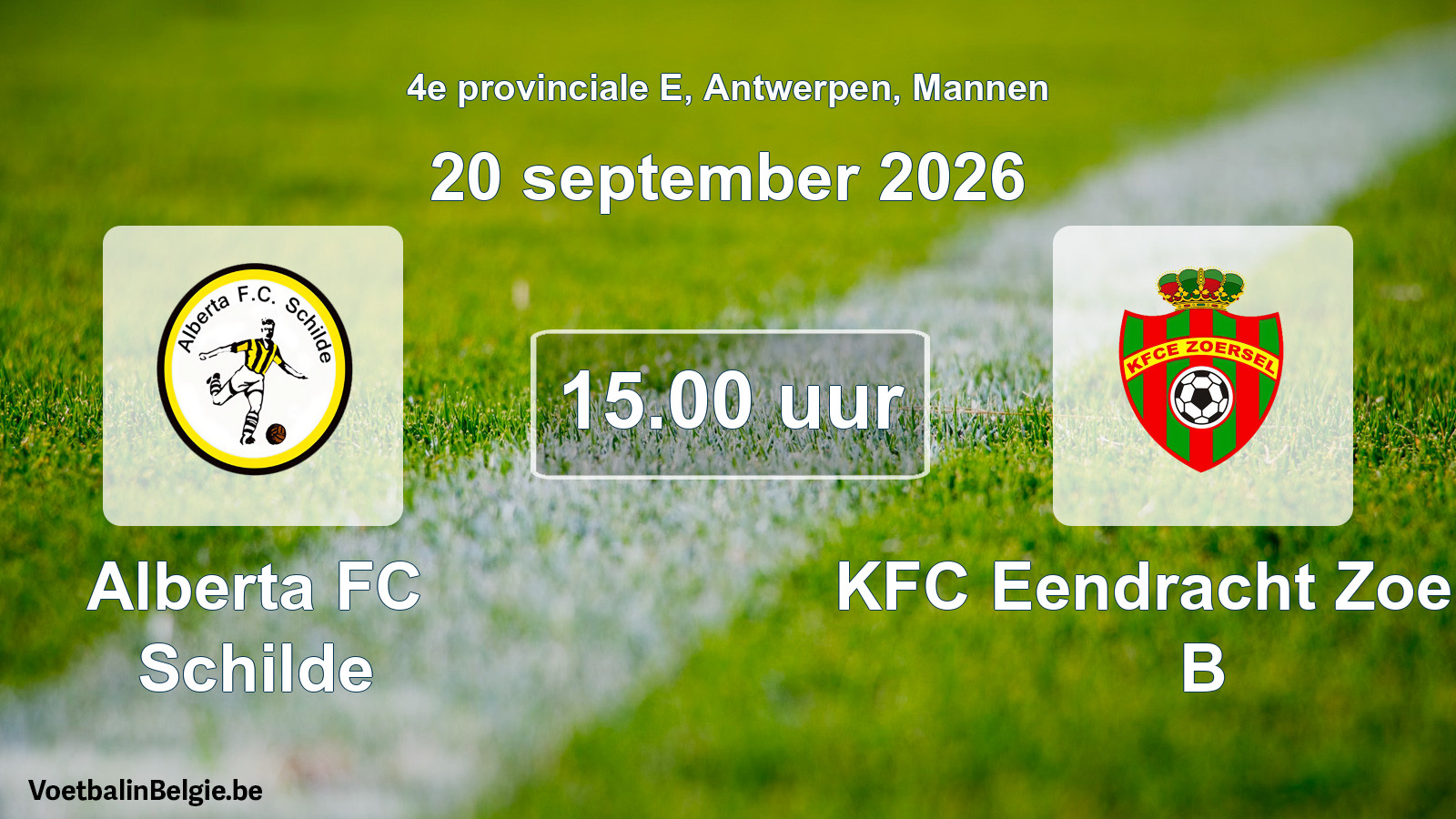 Geplande wedstrijd mannenvoetbal: Alberta FC Schilde - KFC Eendracht Zoersel B (20 september 2026)
