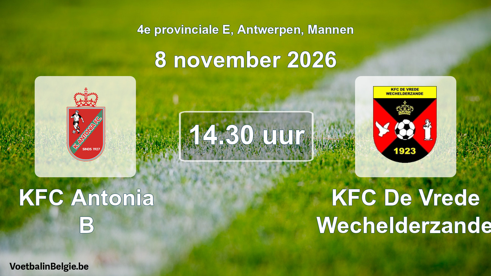 Geplande wedstrijd mannenvoetbal: KFC Antonia B - KFC De Vrede Wechelderzande (8 november 2026)