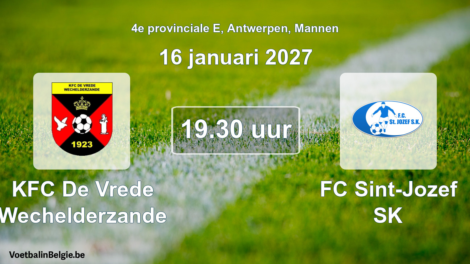 Geplande wedstrijd mannenvoetbal: KFC De Vrede Wechelderzande - FC Sint-Jozef SK (16 januari 2027)