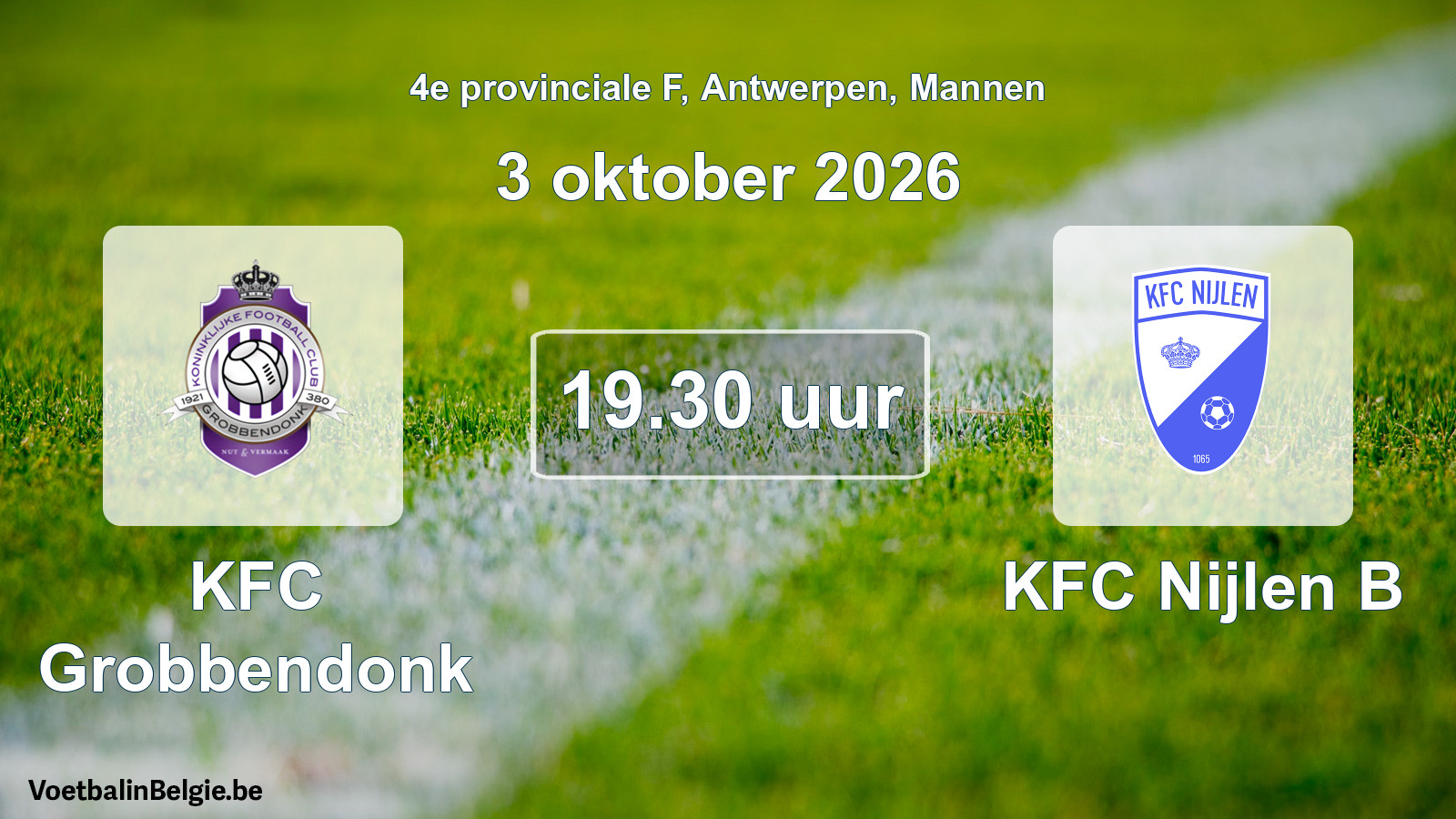 Geplande wedstrijd mannenvoetbal: KFC Grobbendonk - KFC Nijlen B (3 oktober 2026)