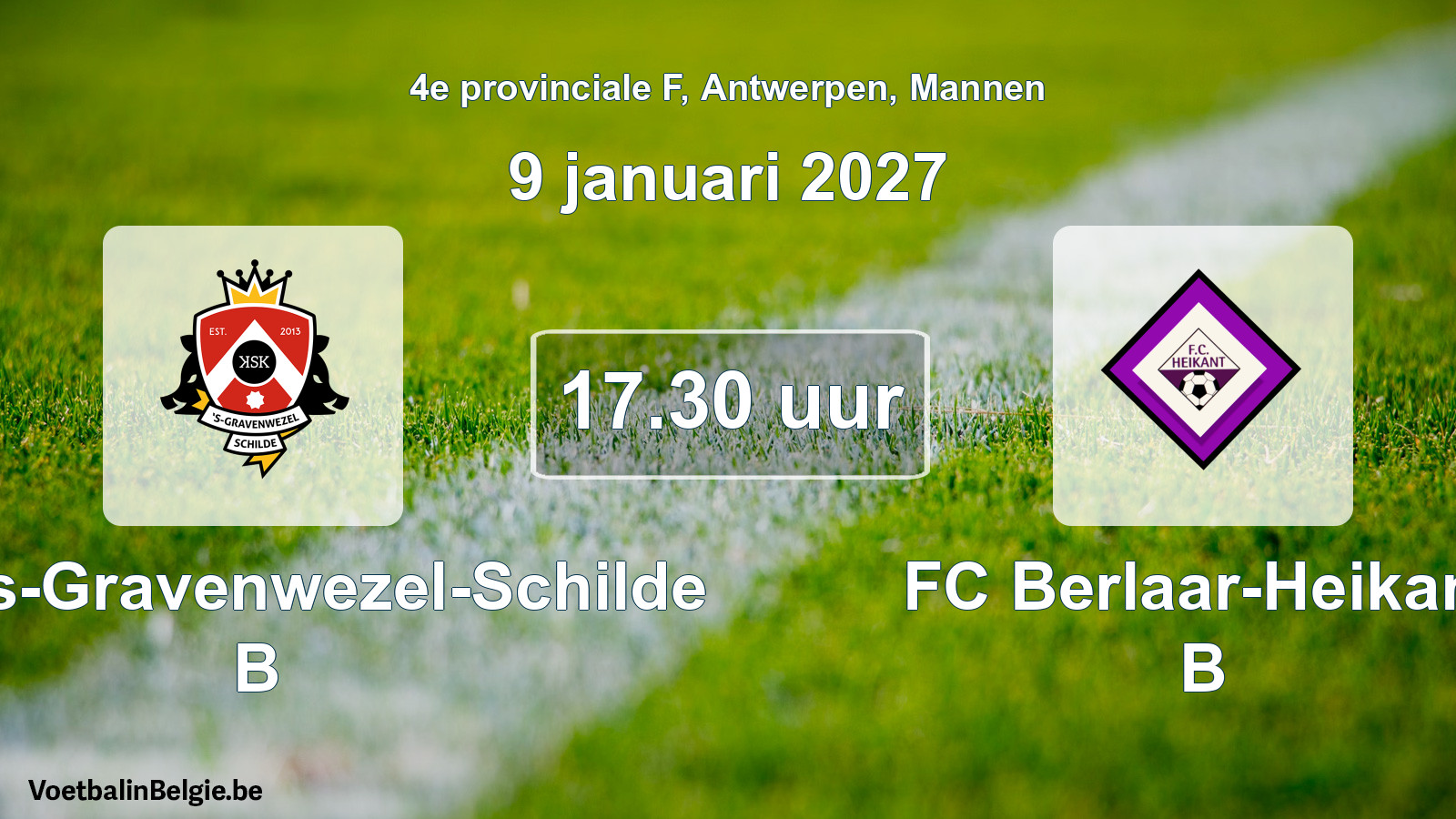 Geplande wedstrijd mannenvoetbal: KSK 's-Gravenwezel-Schilde B - FC Berlaar-Heikant B (9 januari 2027)