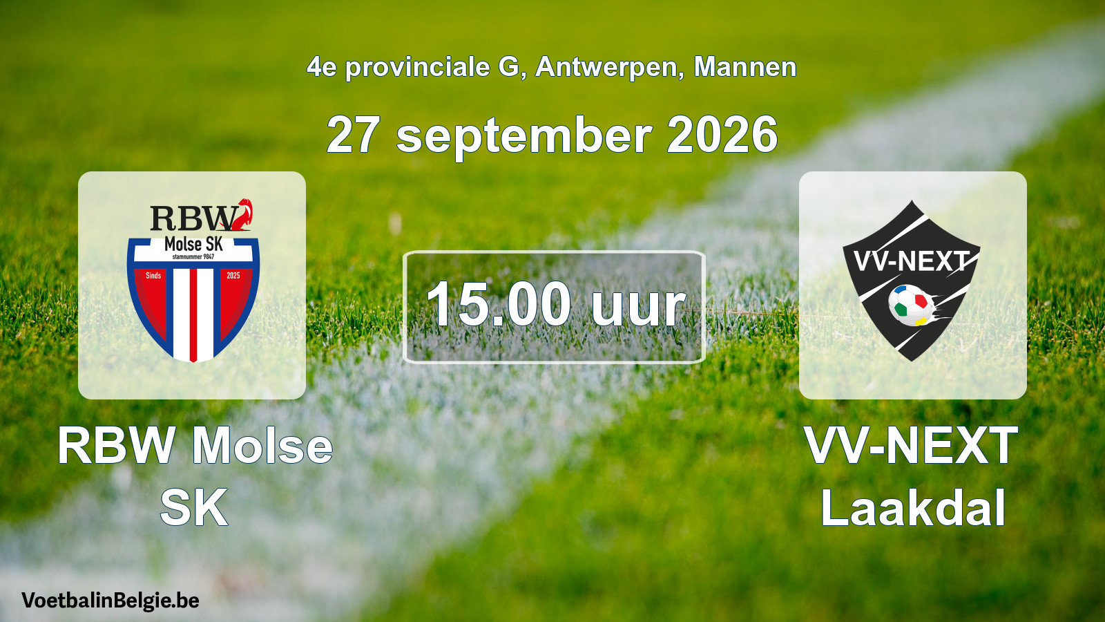 Geplande wedstrijd mannenvoetbal: RBW Molse SK - VV-NEXT Laakdal (27 september 2026)