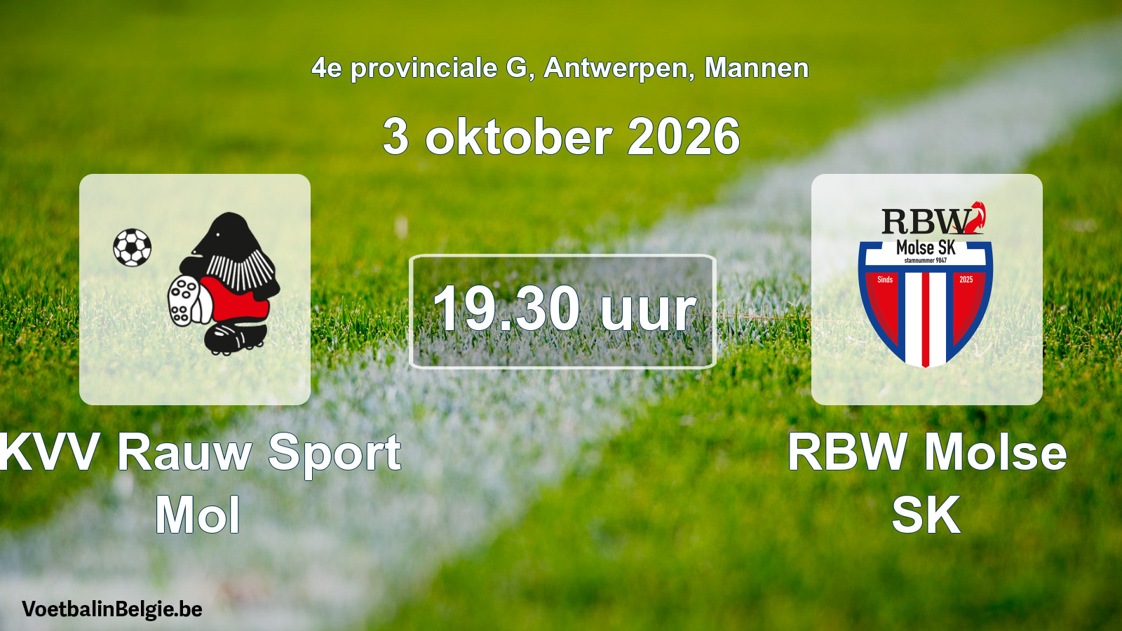 Geplande wedstrijd mannenvoetbal: KVV Rauw Sport Mol - RBW Molse SK (3 oktober 2026)