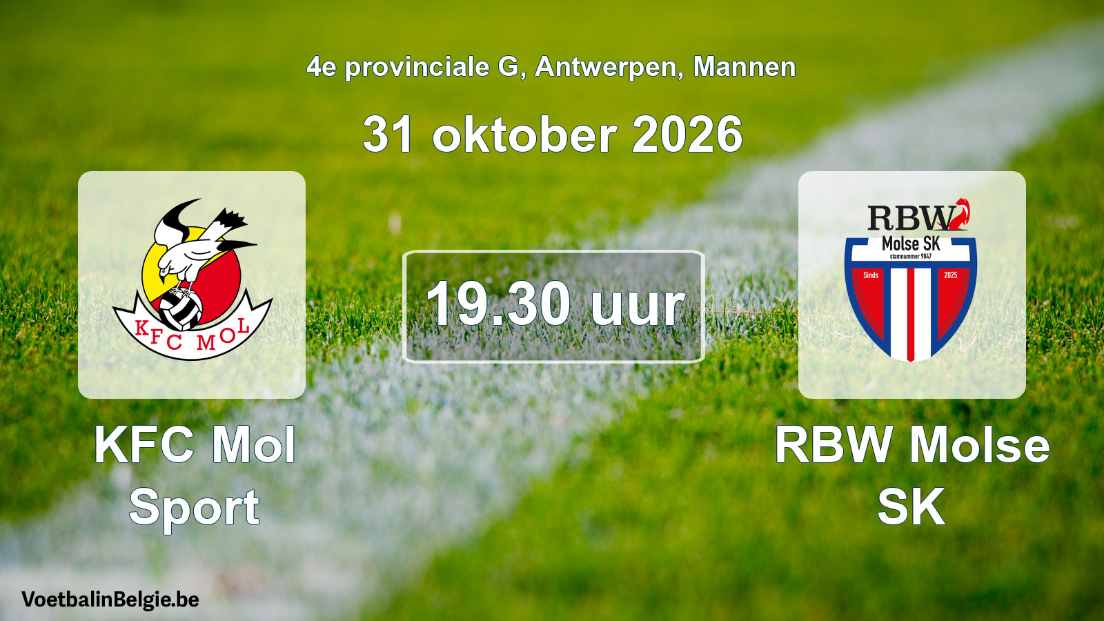 Geplande wedstrijd mannenvoetbal: KFC Mol Sport - RBW Molse SK (31 oktober 2026)