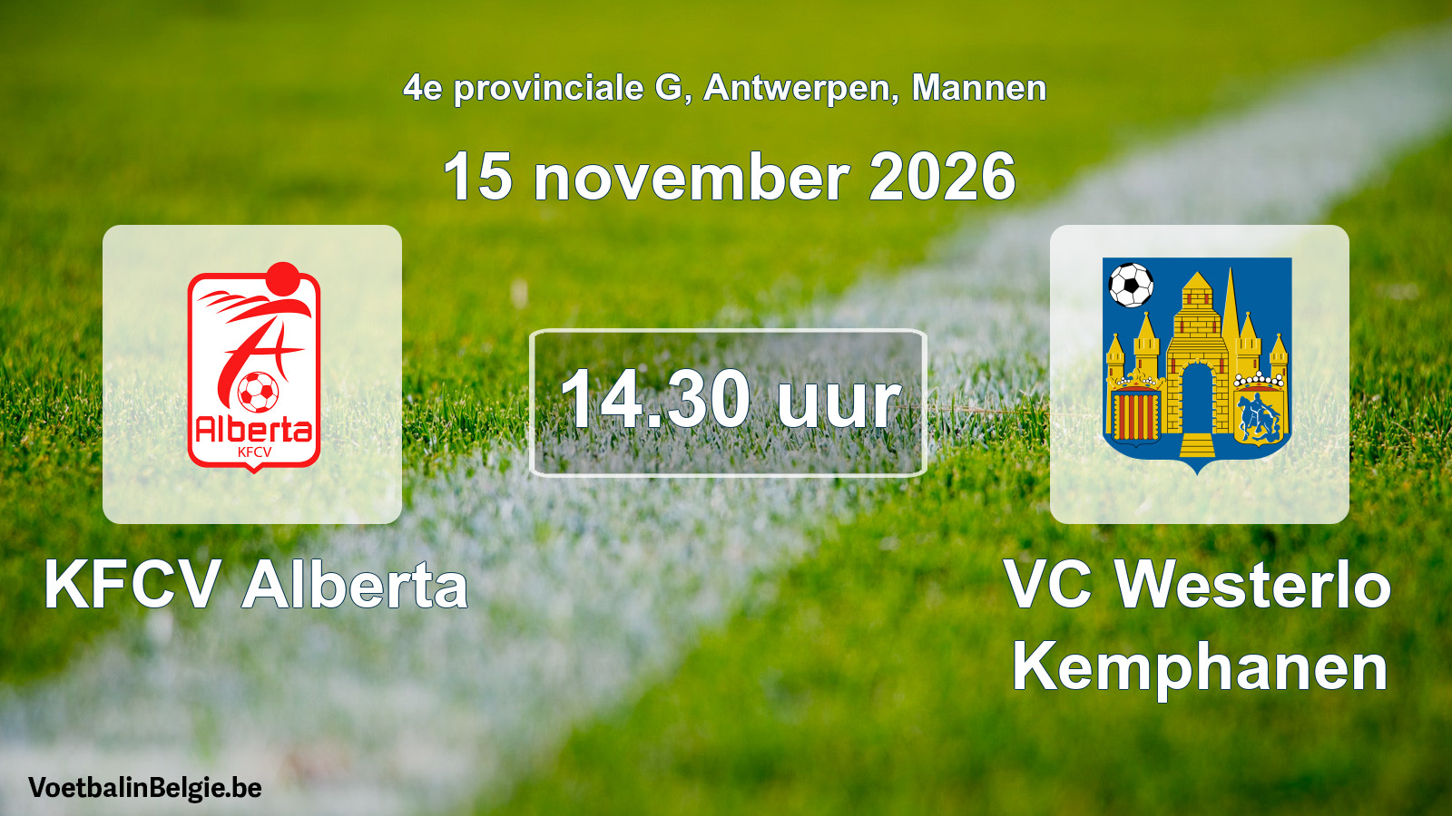 Geplande wedstrijd mannenvoetbal: KFCV Alberta - VC Westerlo Kemphanen (15 november 2026)