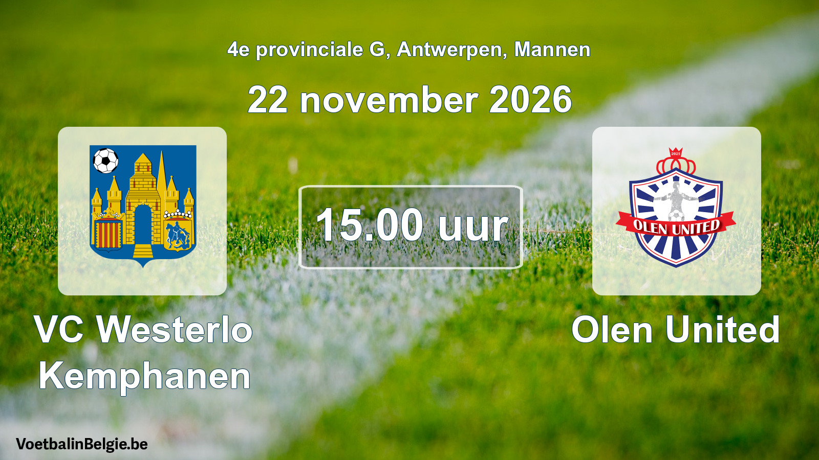 Geplande wedstrijd mannenvoetbal: VC Westerlo Kemphanen - Olen United (22 november 2026)
