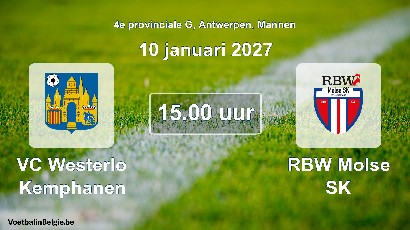 Geplande wedstrijd mannenvoetbal: VC Westerlo Kemphanen - RBW Molse SK (10 januari 2027)