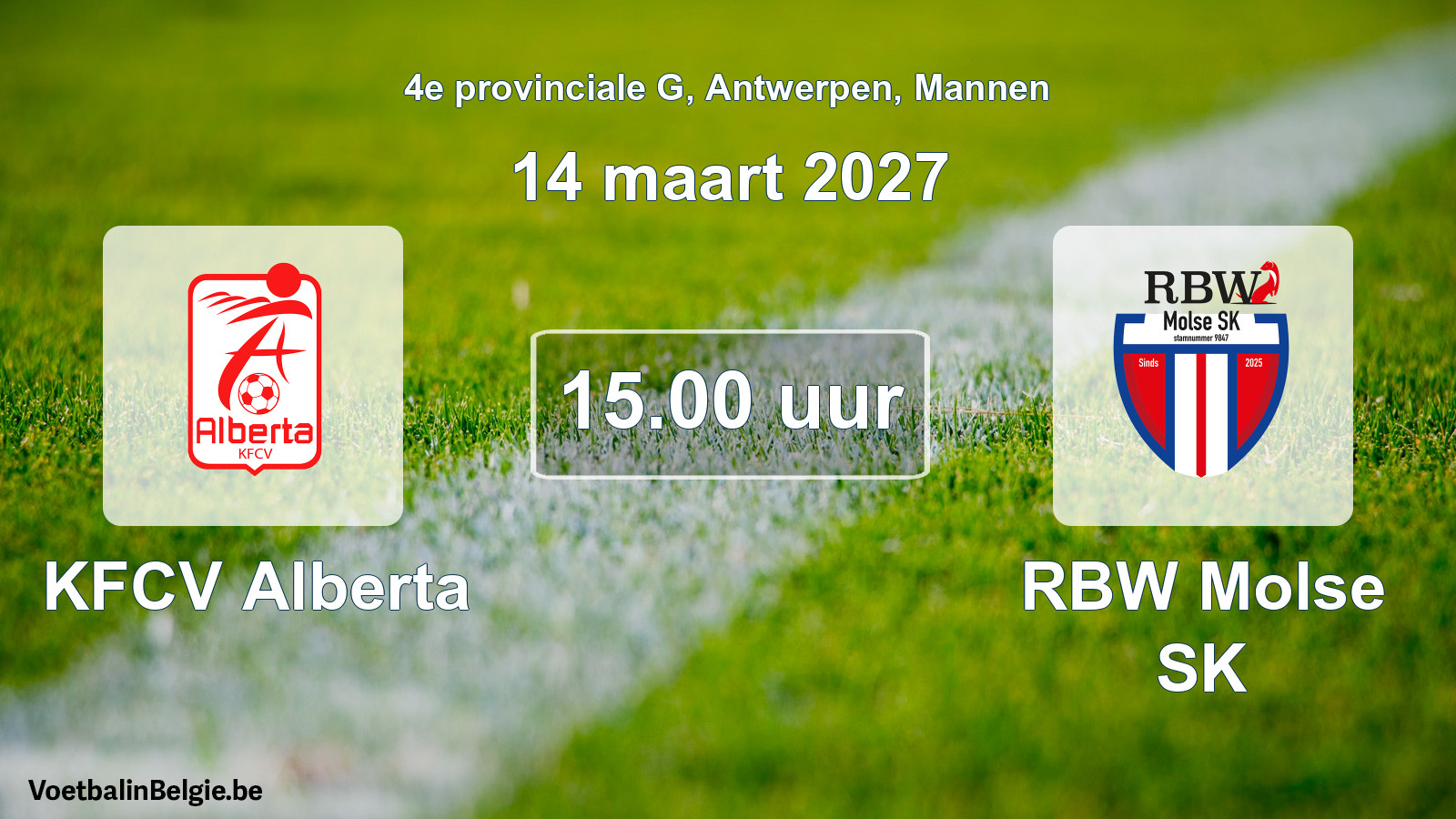 Geplande wedstrijd mannenvoetbal: KFCV Alberta - RBW Molse SK (14 maart 2027)