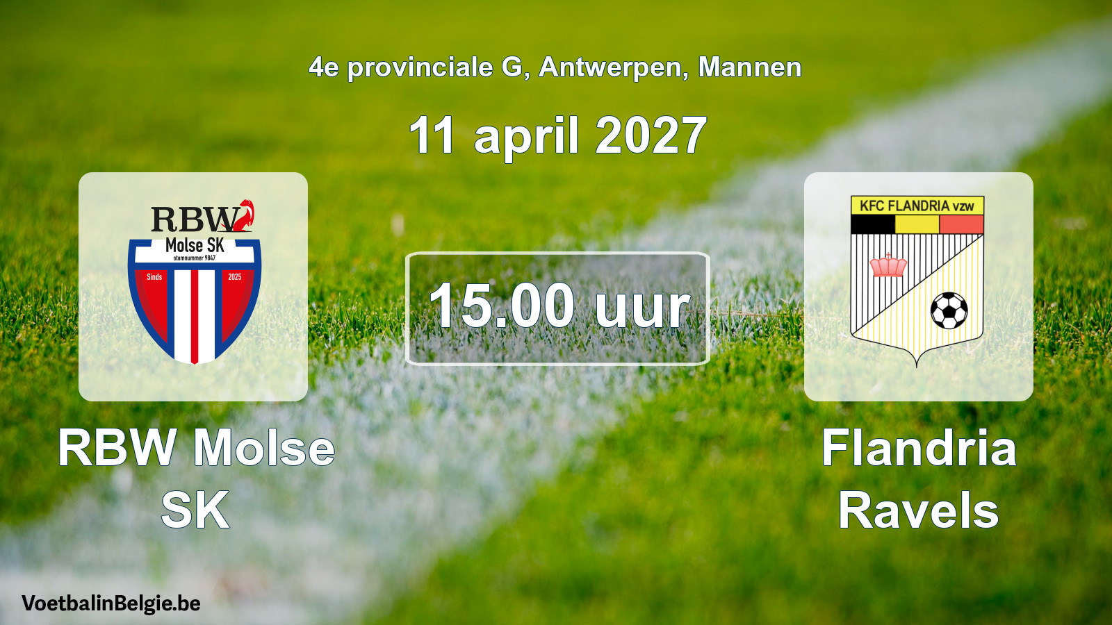 Geplande wedstrijd mannenvoetbal: RBW Molse SK - Flandria Ravels (11 april 2027)