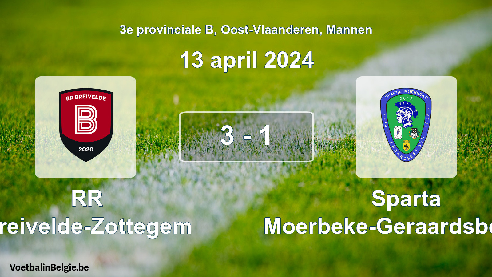 Gespeelde wedstrijd mannenvoetbal: RR Breivelde-Zottegem - Sparta Moerbeke-Geraardsbergen 3 - 1 (13 april 2024)