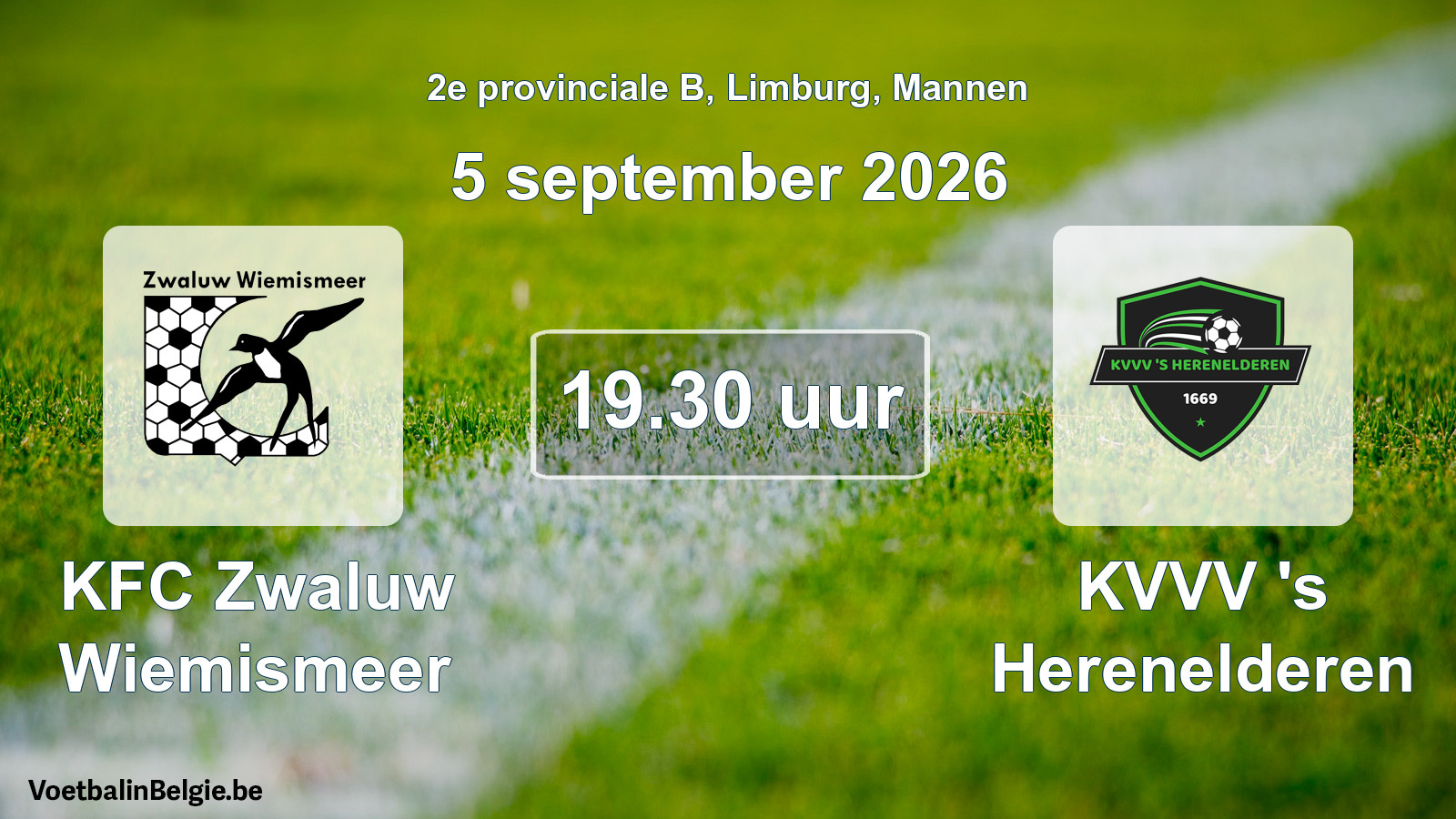 Geplande wedstrijd mannenvoetbal: KFC Zwaluw Wiemismeer - KVVV 's Herenelderen (5 september 2026)